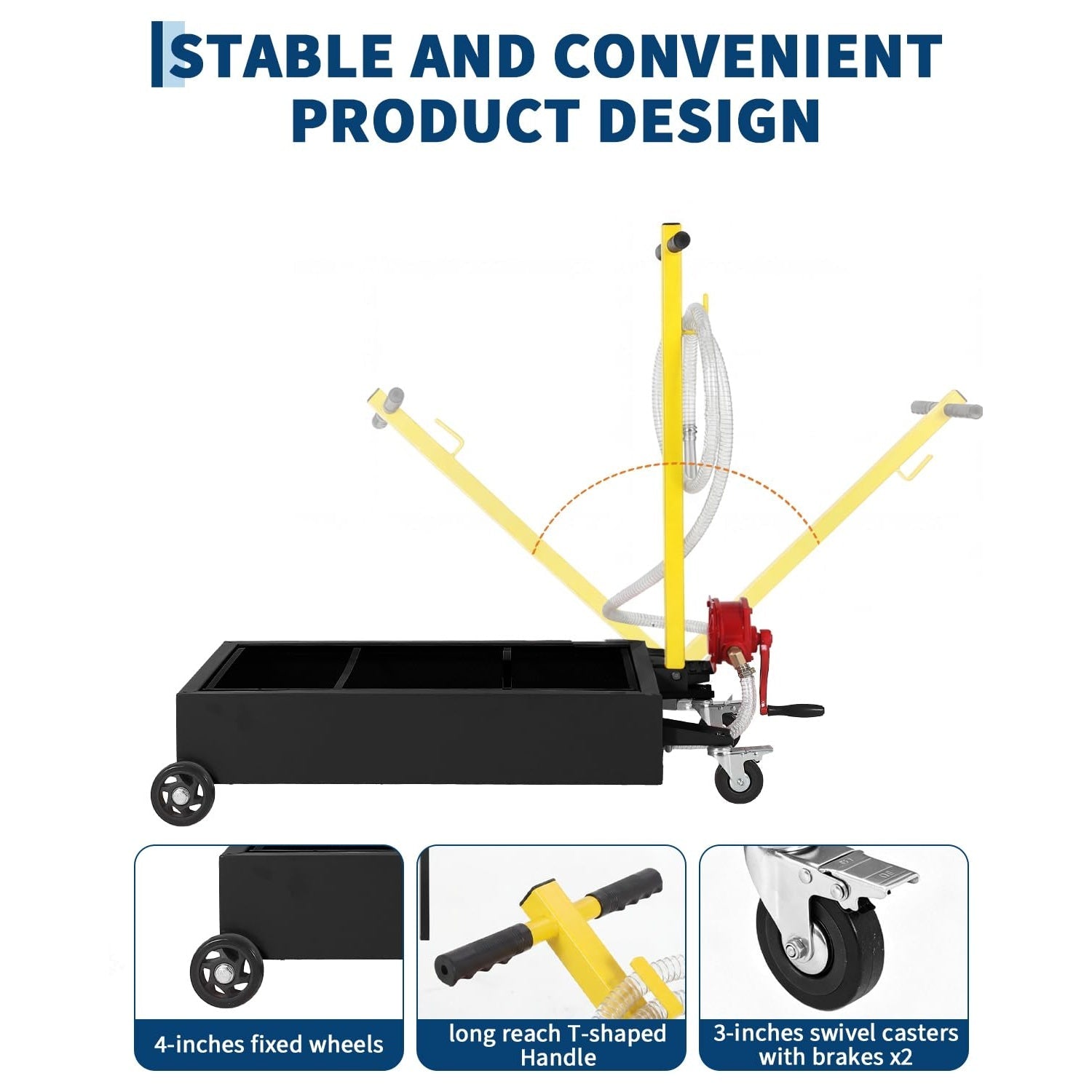 Garvee Heavy Duty Manual Oil Drain Pan Cart – 15 Gallon Low Profile Steel Reservoir, 8 Ft Hose, Folding Handle, Ideal for Trucks and Vehicles – Waistline Version | Black | Manual | 15 Gallons | 8 Feet Hose