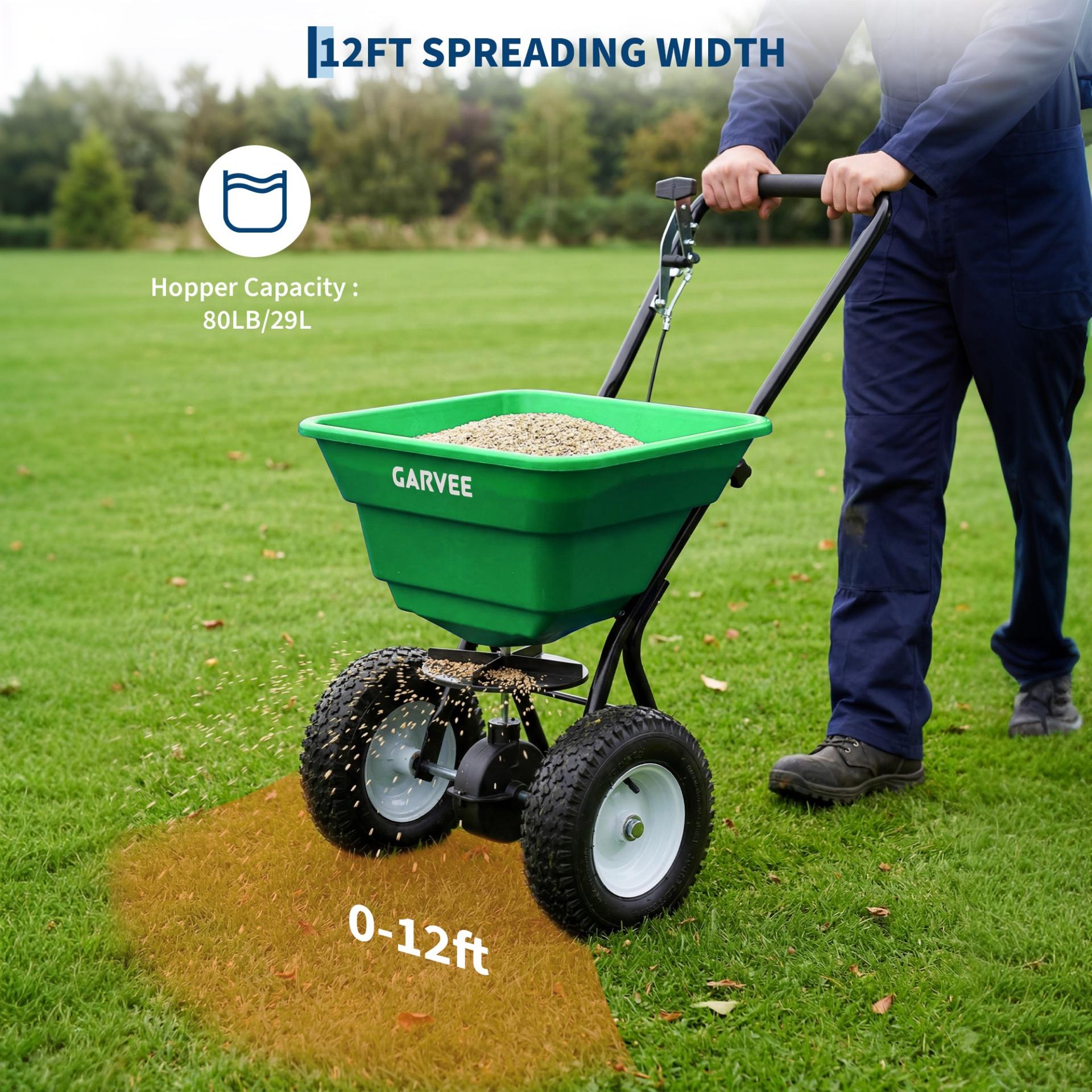 Garvee 80 lb Push Broadcast Spreader, Walk-Behind Lawn & Garden Spreader with 29 L Hopper, 0–12 ft Coverage, 13" All-Terrain Wheels & 20-Level Flow Control for Seed, Fertilizer, Salt & Ice Melt, Green/Black