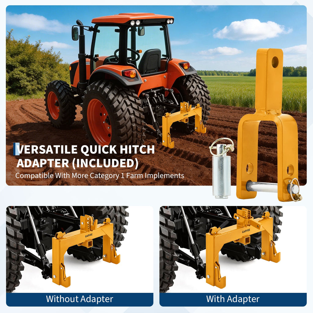 Garvee Heavy-Duty Category 1 3-Point Quick Hitch for Tractor, 3000 lbs Lift Capacity with Built-In 2" Receiver, 5-Level Adjustable Top Hook Tractor Attachment, No Bushing Required, Yellow Powder Coated (24" x 24")