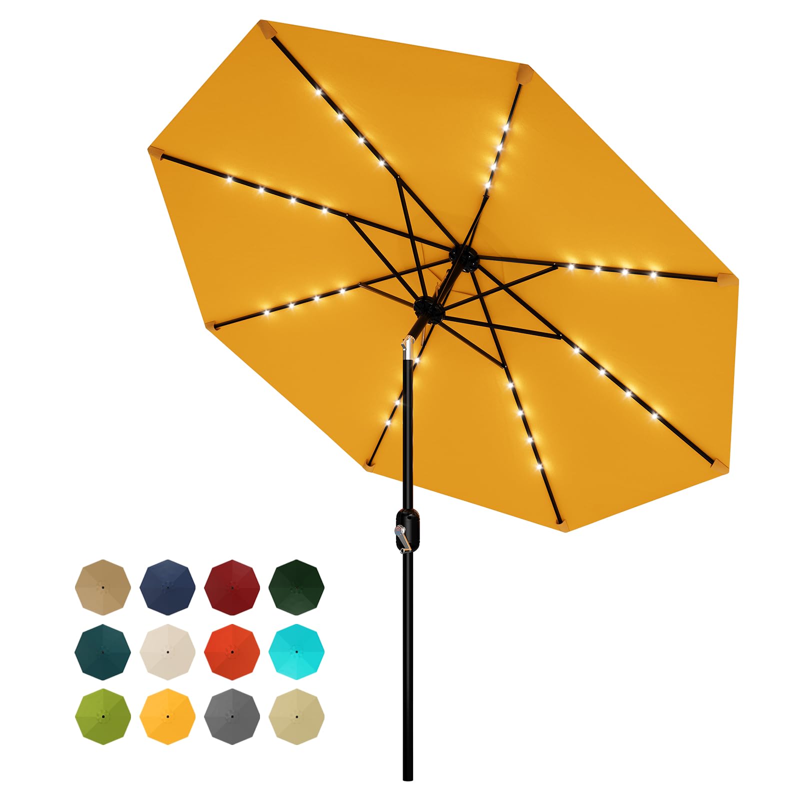 Garvee 10 FT Patio Umbrella with Solar Lights, Outdoor Table Umbrella with 8 Durable Ribs, Tilt & Crank Mechanism, Waterproof & UV Protection for Garden, Backyard, Poolside, Yellow