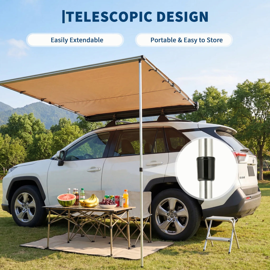 Garvee SUV Truck Van Roof Rack Awning - Retractable Side Sun Shade, UV50+ 600D Oxford Waterproof Canopy, Height Adjustable Poles, Outdoor Camping Shelter with Storage Bag, 150x200cm, Khaki