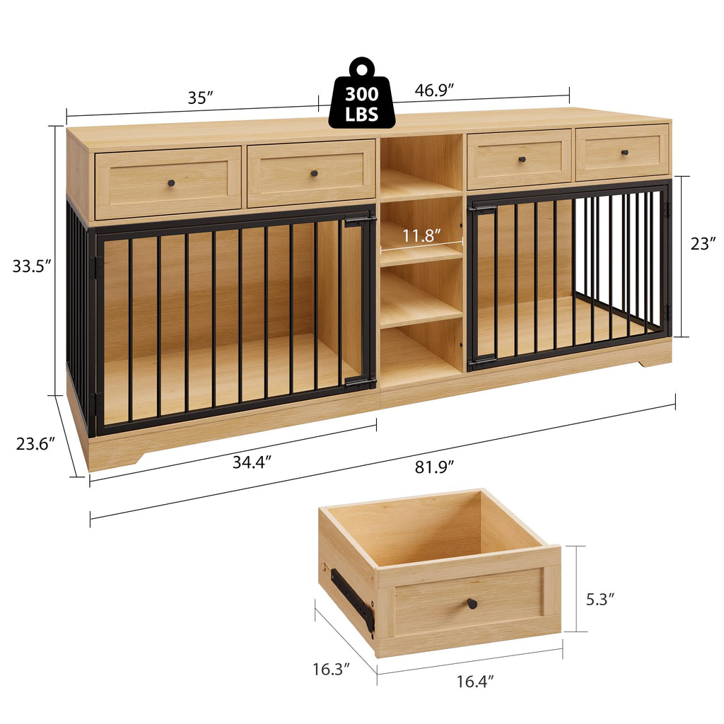 Garvee 82” Large Dog Crate for 2 Dogs, Dog Kennel Indoor with 4 Drawers and Shelves, Double Dog Crate Furniture TV Stand, Wooden Dog Cage for Medium Large Dogs, Natural