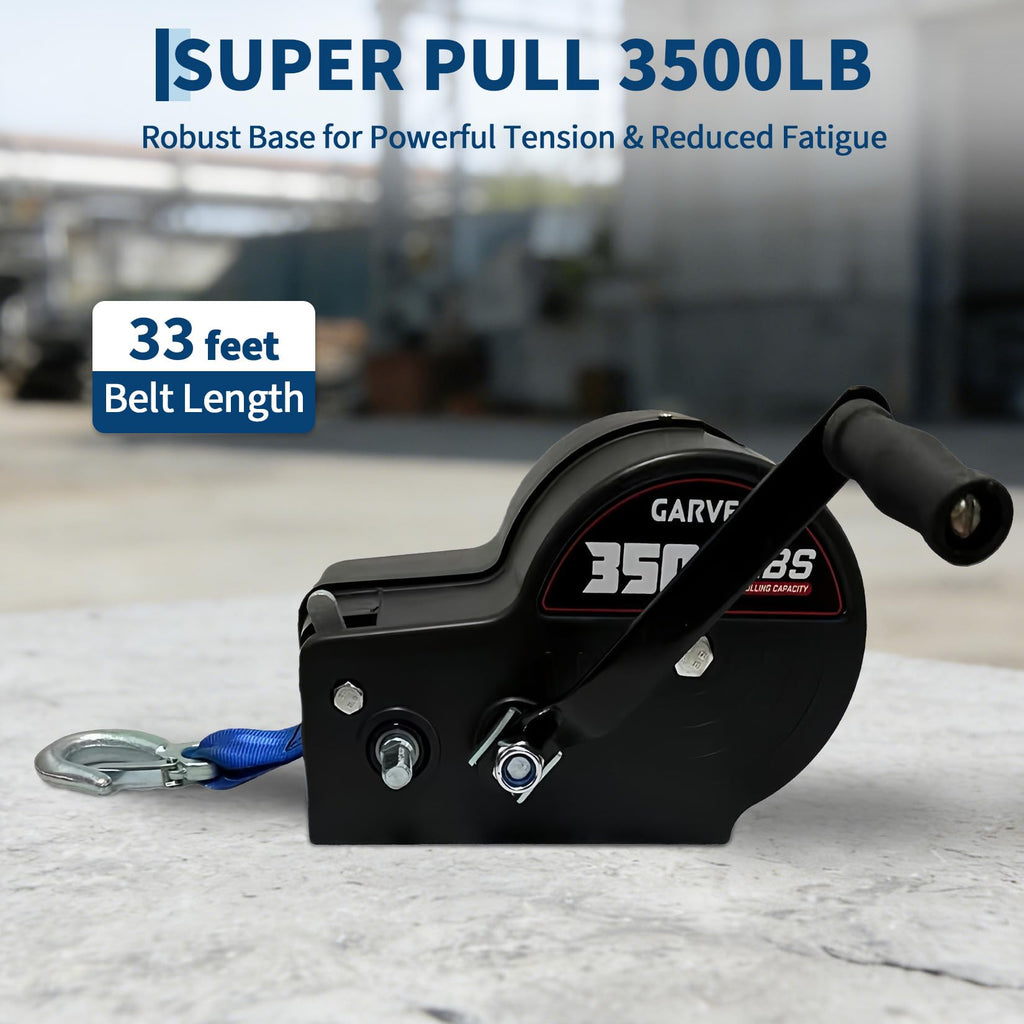 Garvee 3500 lbs Heavy-Duty Boat Trailer Winch - Hand Crank Winch with 33ft Strap, 4:1/8:1 Gear Ratio for Towing and Pulling Boats, Trailers, Trucks, RVs, ATVs, Jet Skis, and Off-Road Recovery, Blue