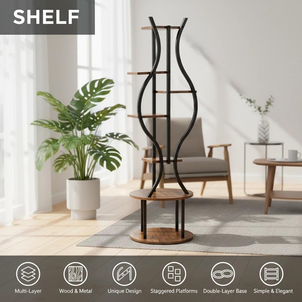Garvee 57-Inch 7-Tier Plant Stand, Tall Metal Corner Plant Shelf with Wood-Look Shelves, Adjustable Feet and Anti-Tip Straps for Living Room, Balcony and Covered Patio, Black/Wood
