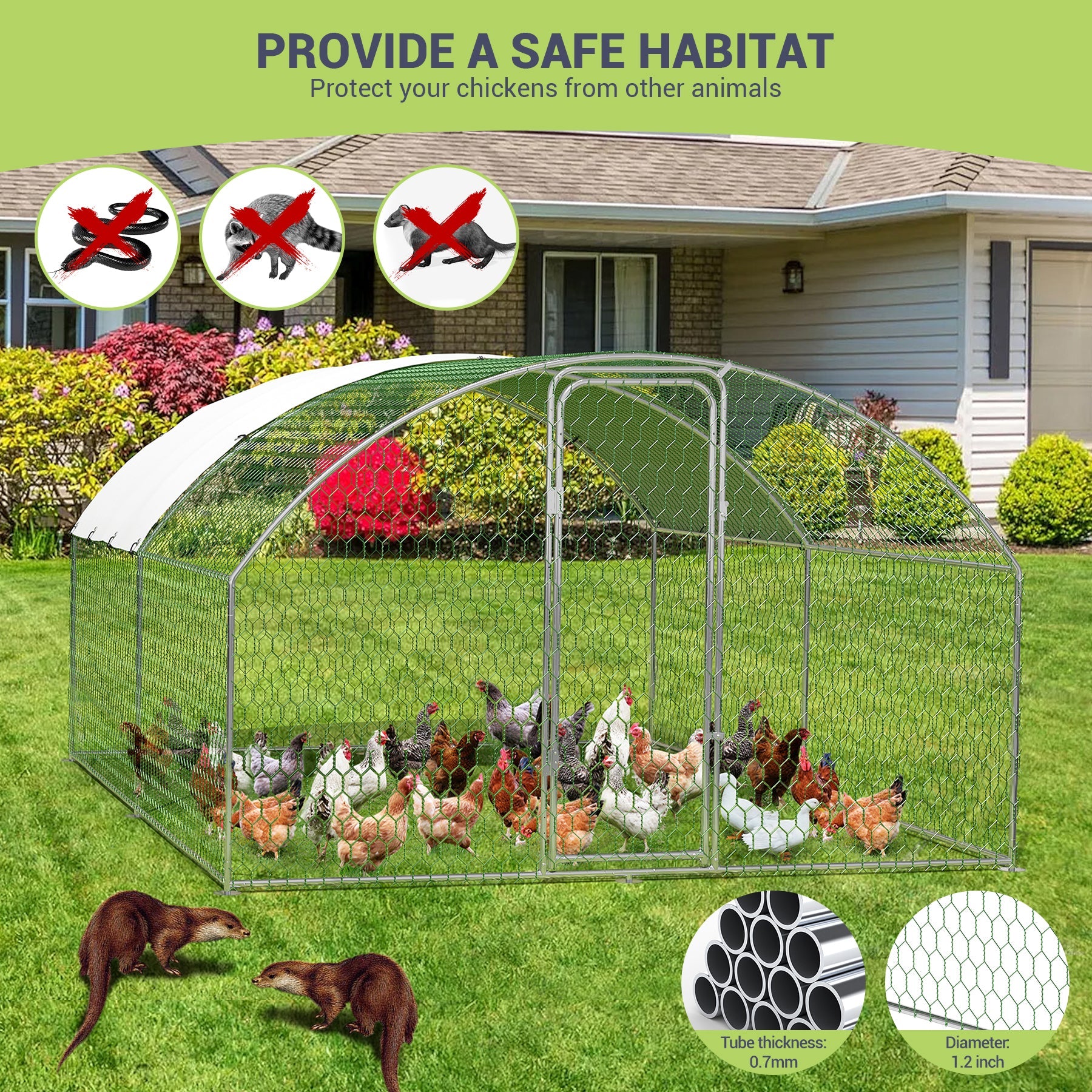 Garvee Spacious Walk-In Metal Chicken Coop - Dome Roof, Waterproof & UV-Resistant Cover, Lockable Door, Outdoor Poultry Cage for Hens, Ducks & Small Animals, Ideal for Farm & Backyard - Size: 9.8 x 13.1 x 6.6 ft