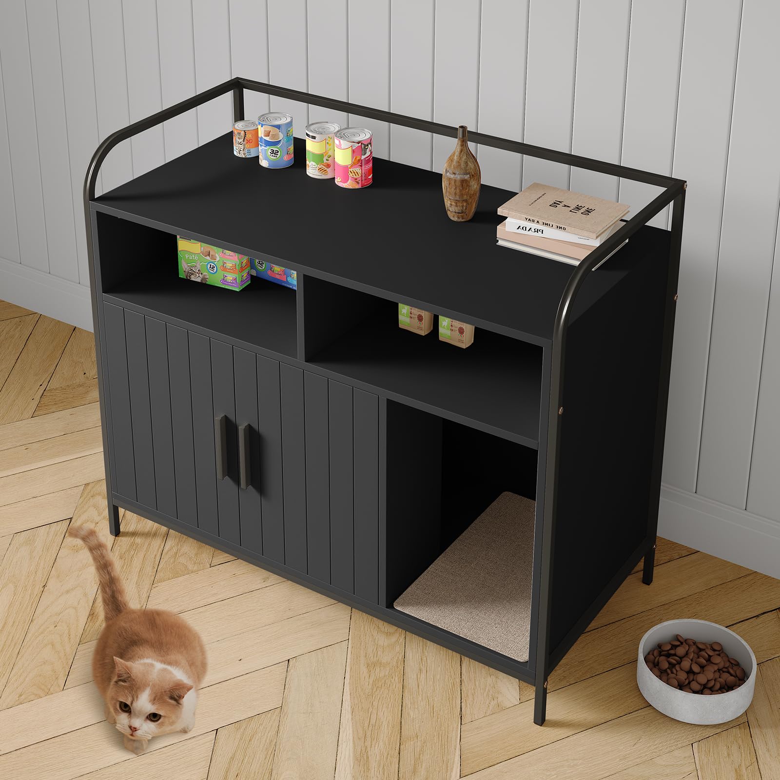 Garvee Cat Litter Box Enclosure, Wooden Cat Washroom Furniture with Barn Door, Storage Shelf and Top Display Shelf, Hidden Litter Box Cover, Dog Proof Feline Litter Boxes, Kitty House, Fits Most Litter Boxes, Black