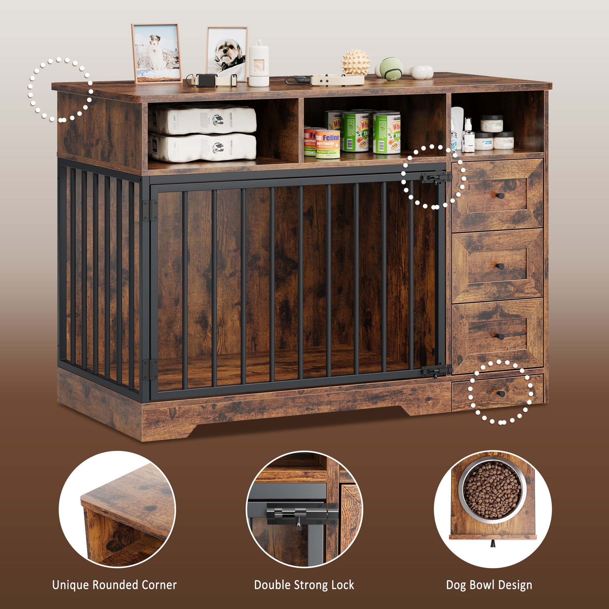 Garvee 48" Dog Crate Furniture with Bowls, Heavy Duty Dog Kennel End Table with 3 Storage Drawers, Locking Door, Farmhouse Style Pet Crate Cabinet for Medium Small Dogs, Retro Brown