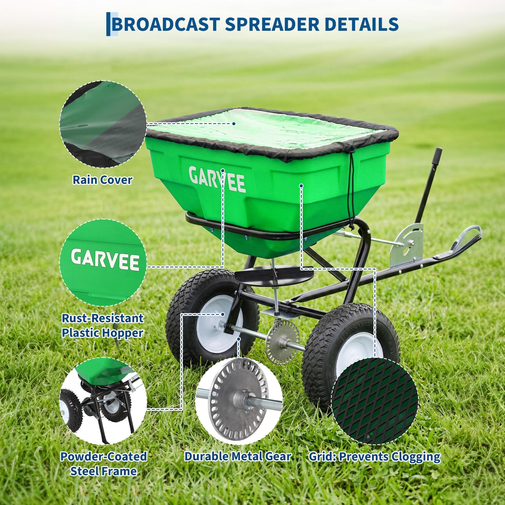 Garvee 130 lb Tow-Behind Broadcast Spreader, Heavy-Duty Lawn & Garden Spreader with 0–12 ft Coverage, Universal Hitch, 13" Pneumatic Tires & 20-Level Flow Control for ATV, UTV & Riding Mower, Green