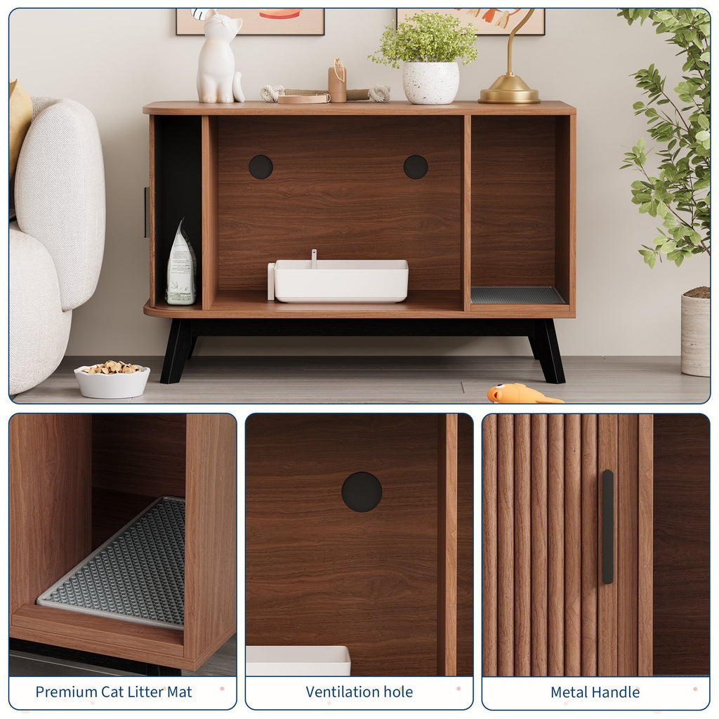 Garvee Modern Hidden Cat Litter Box Furniture – 39" Cat House End Table with Sliding Door, Litter Mat, Multi-Functional Pet Enclosure for Living Room – Walnut