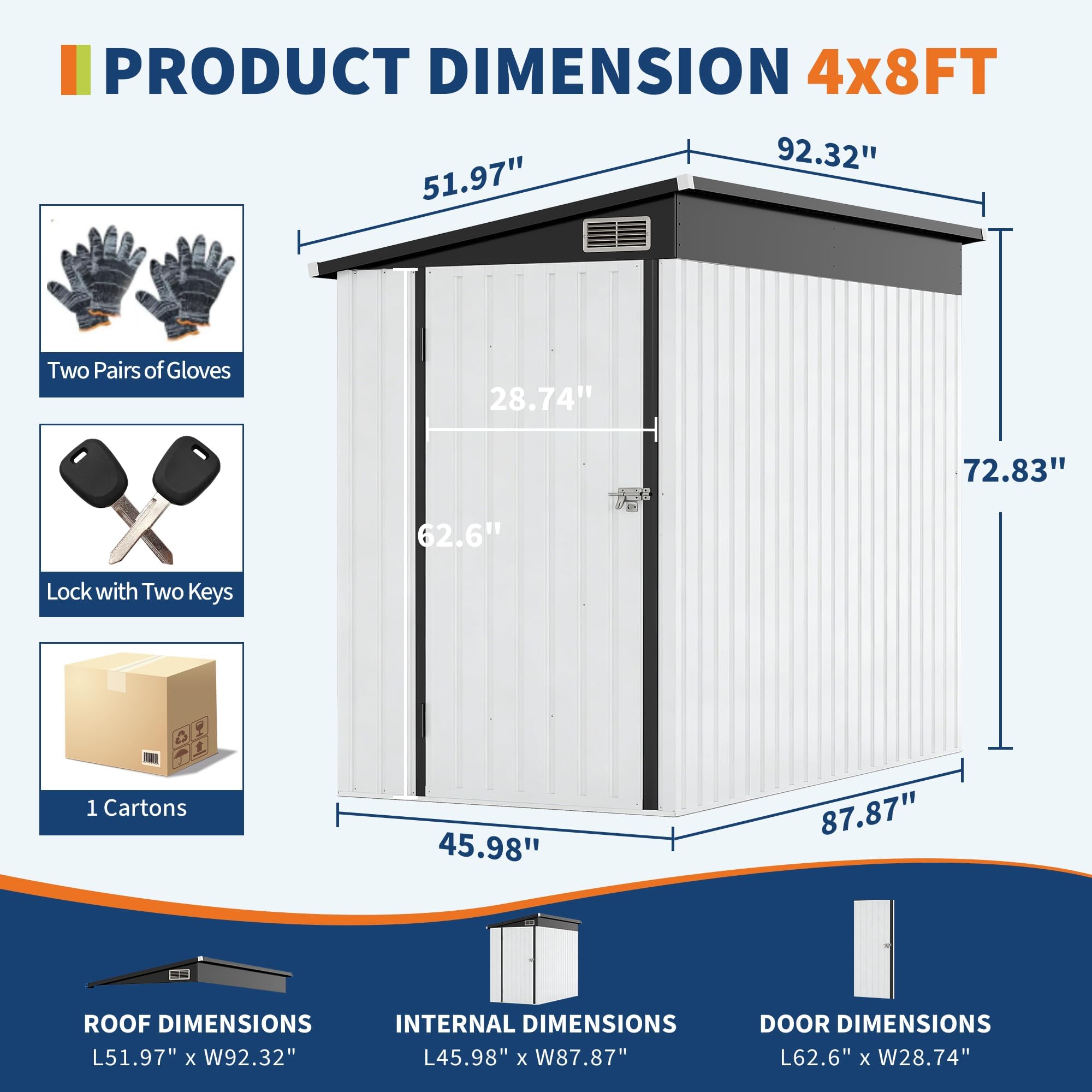 Garvee 4x8 FT Outdoor Storage Shed, Metal Lean to Garden Shed Utility Tool Storage House, Heavy-Duty Outdoor Metal Wall Side Storage Sheds - White
