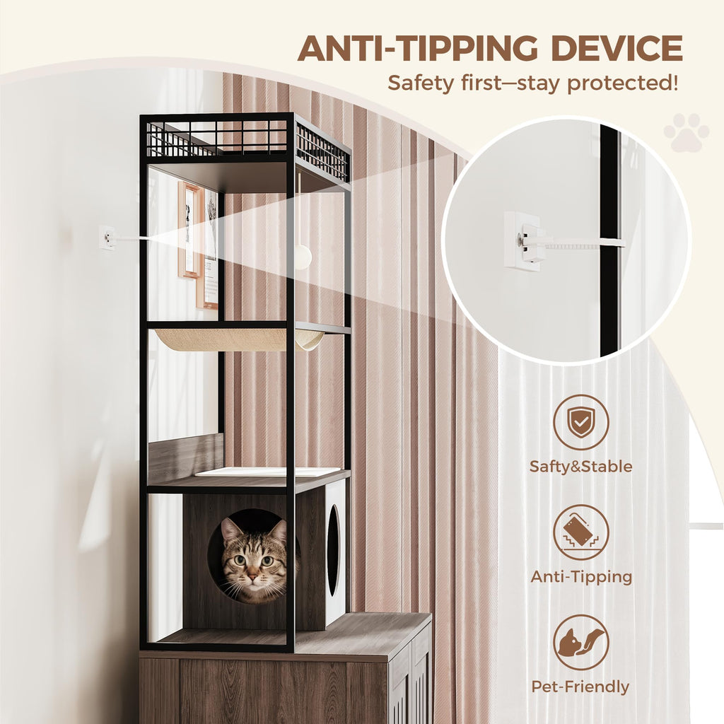 Garvee Modern Hidden Cat Litter Box Enclosure with Storage Rack, Indoor Enclosed Cat Furniture, Hammock, Sisal Balls, Scratching Mat, Multi-Level Private Cat House, Gray