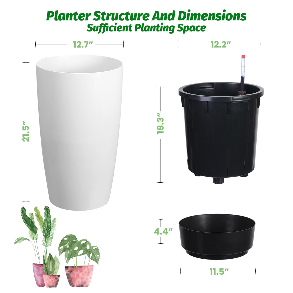 Garvee 22 in Self-Watering Tall Planters, 2-Pack White PP Flower Pots with Water Level Monitor, Inner Bucket & Drainage for Indoor Outdoor Patio, Porch and Entryway