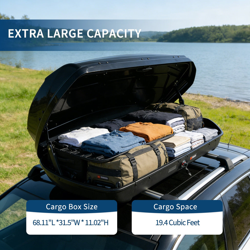 Garvee Rooftop Cargo Box Carrier, 19.4 Cubic Feet Hardshell, Dual-Side Opening, Universal Fit for Cars & SUVs, 165 lbs Capacity with Secure Straps & Keys