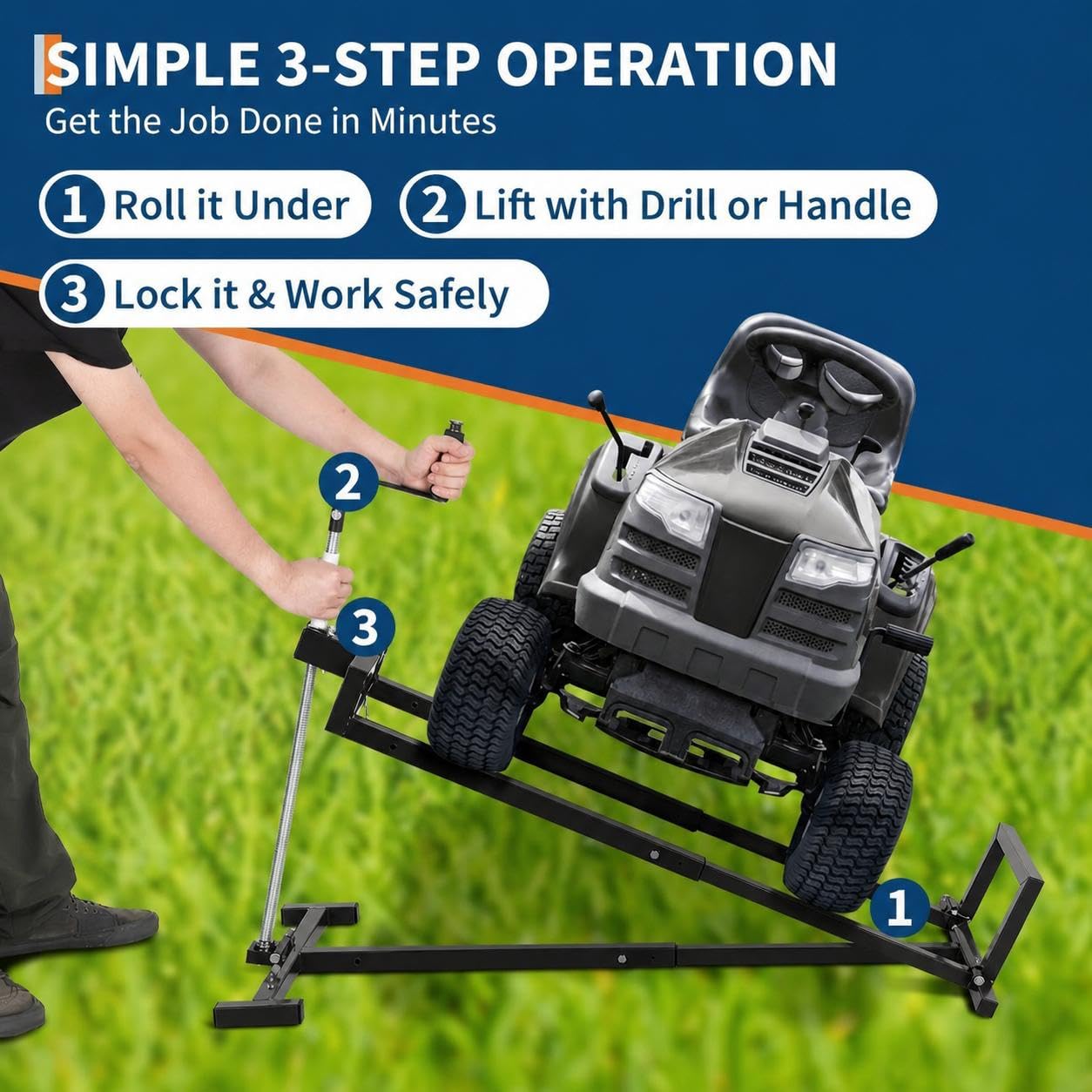 Garvee 880 LBS Heavy-Duty Lawn Mower Lift Jack, Telescopic Collapsible Maintenance Stand for Riding & Zero-Turn Mowers, Dual Operation Manual Hand Crank & Power Tool Adapter, Black