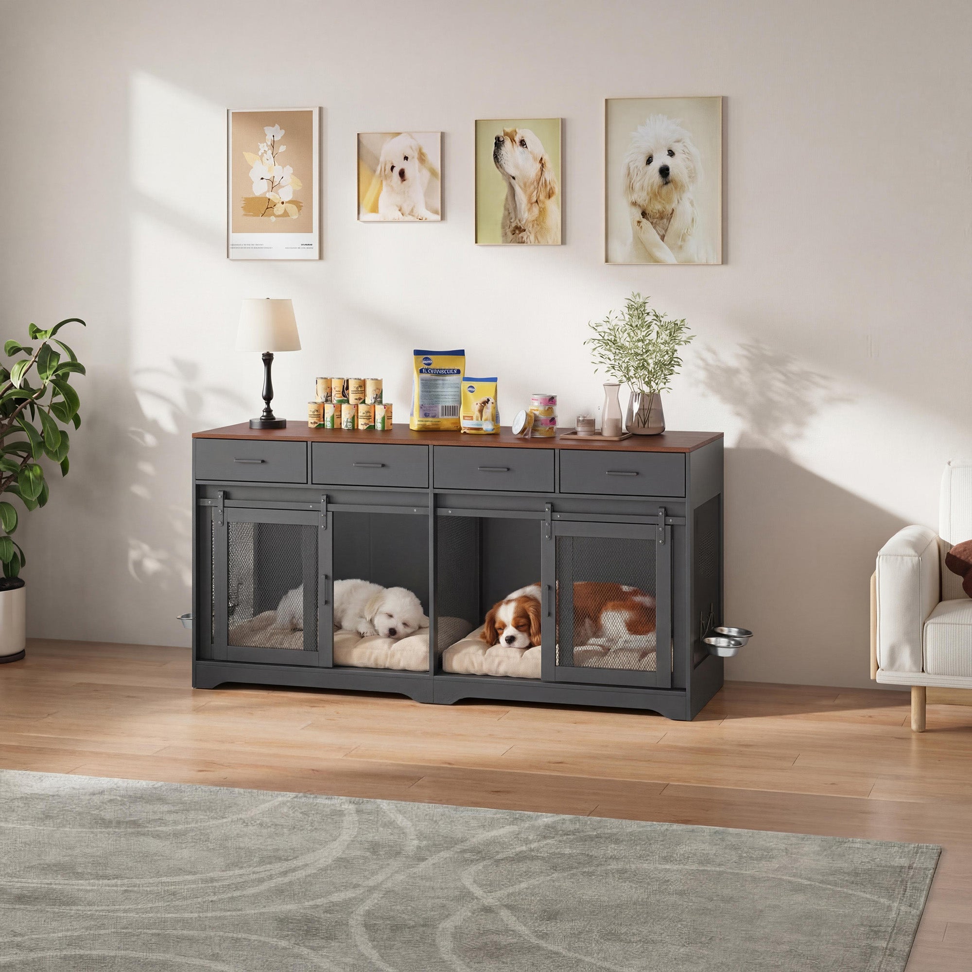 Garvee Multi-Functional Dog Crate Furniture for Medium/Large Dogs – 71'' Indoor Kennel Cage with 4 Sliding Doors, 4 Drawers & Feeding Bowls – Furniture-Style, Walnut+Black – US Spec, Color: Walnut+Black