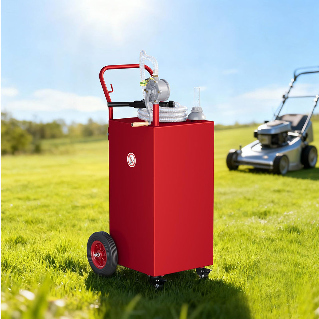 Garvee 30-Gallon Portable Fuel Tank Gasoline Diesel Storage with Manual Rotary Pump, Anti-Static Clamp, Carbon Steel, All-Terrain Wheels, Red, for Vehicles and Boats, Red