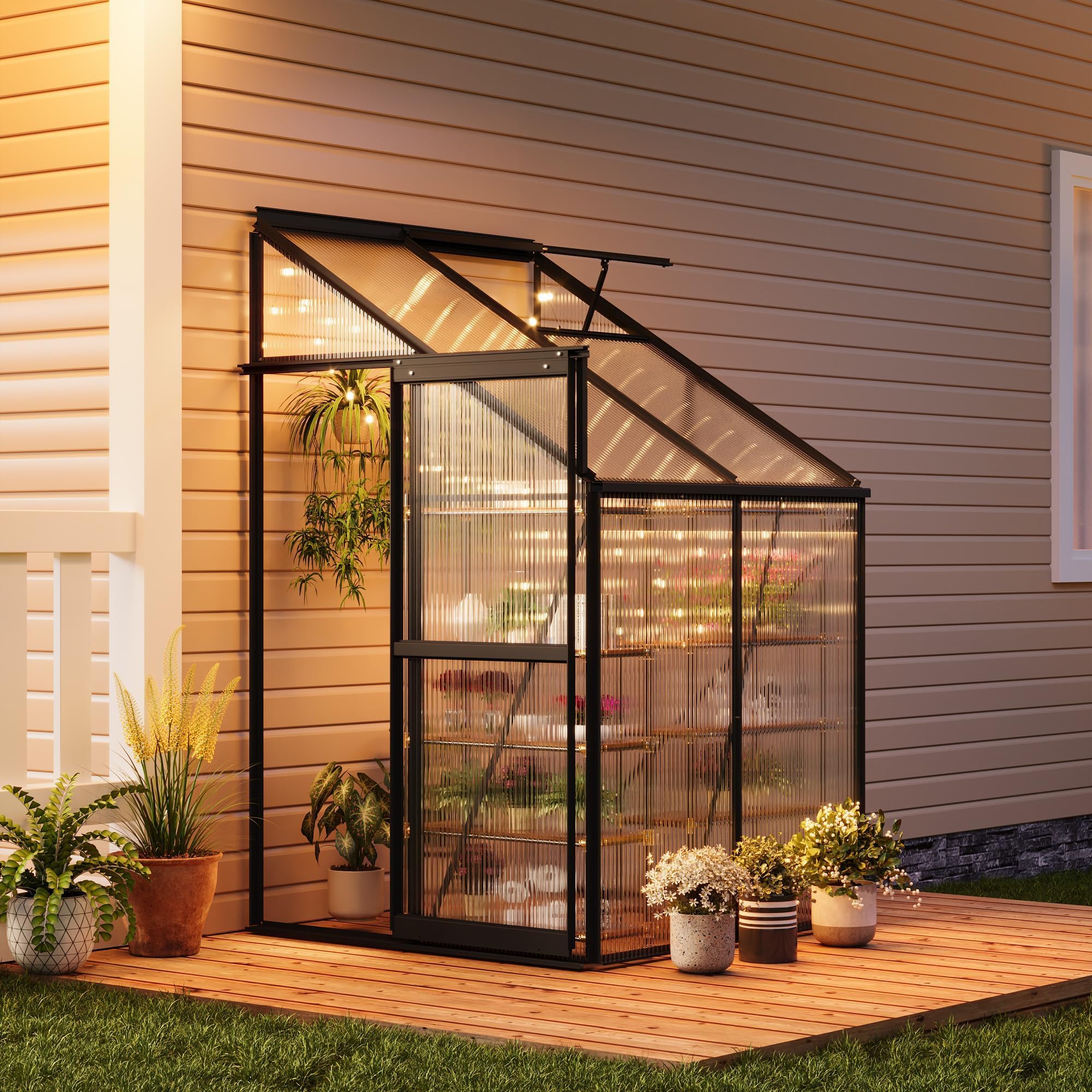 Garvee 4×4FT Lean-To Polycarbonate Greenhouse Kit, Heavy Duty Walk-In Plant Shelter with Sliding Door & Adjustable Roof Vent, Black
