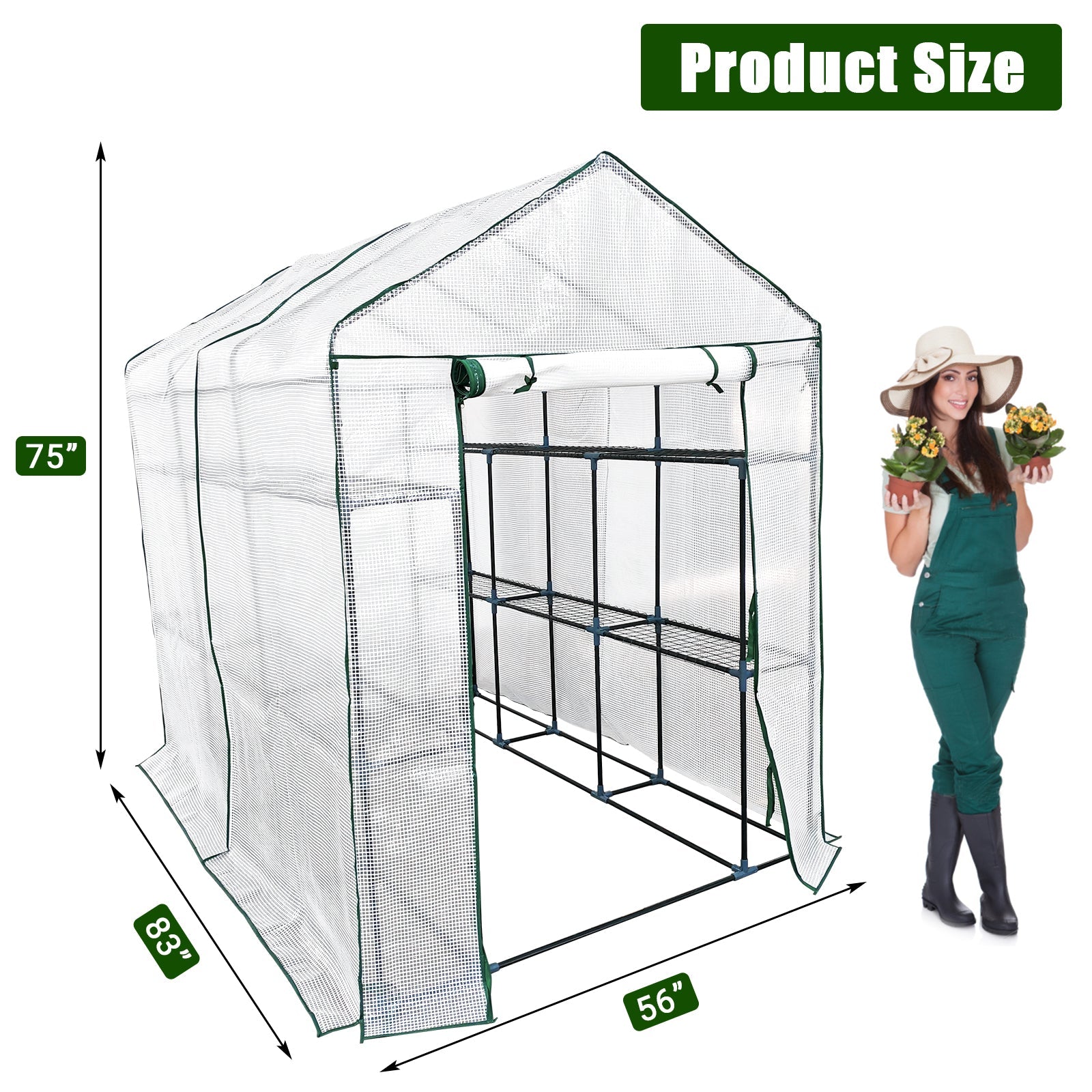 Garvee Large Walk-In Outdoor Greenhouse – 9 Shelves, Heavy-Duty Steel Frame, Roll-Up Zippered Door, Anchors & Ropes, Portable Plant House – Perfect for Garden, Patio, Backyard – White, 143×215×195cm