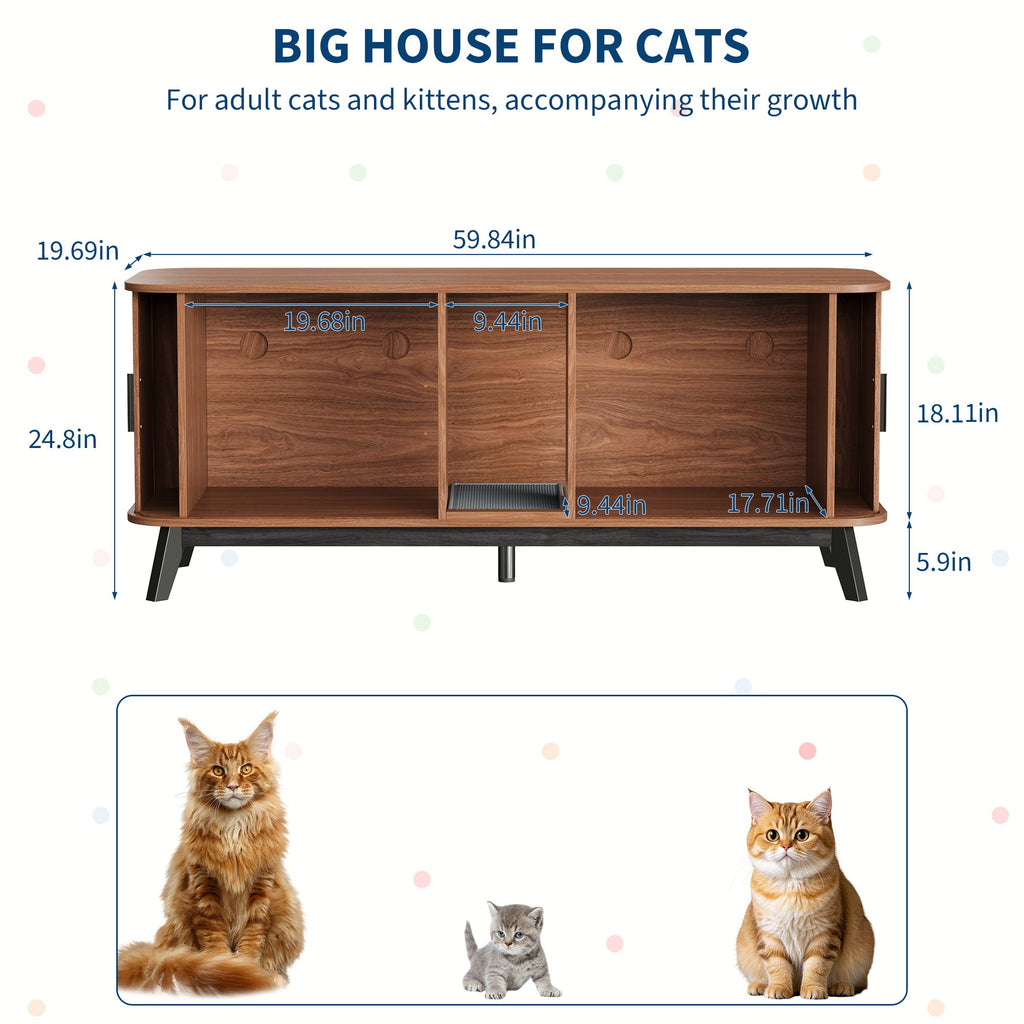 Garvee Multi-Functional Cat Litter Box Enclosure for 2 Cats, 59" Large Wooden Pet House - Hidden Litter Box Furniture - Sliding Door Access - Cat Litter Mat Included - TV Stand Side Table - Color: Walnut