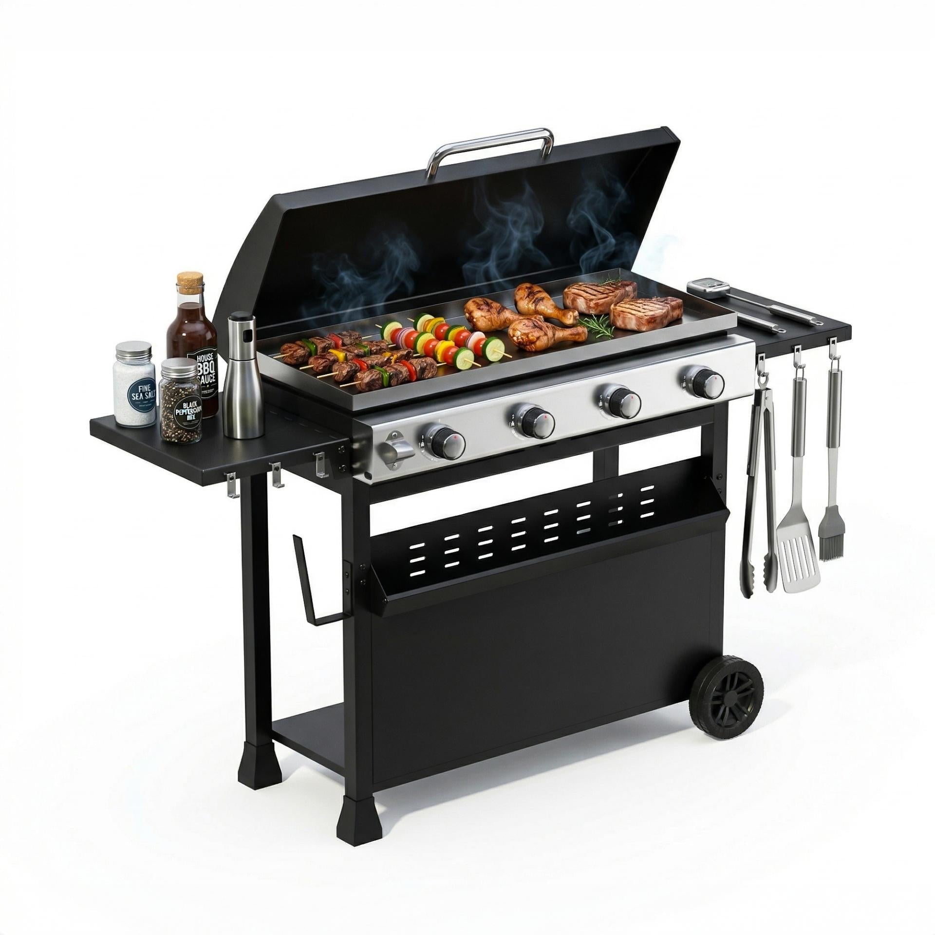 Garvee 4 Burner Propane Gas Griddle with Removable Cart – Convertible Flat Top Grill with Hood, 32,000 BTU Portable Griddle for Camping, Tailgating, Backyard – Black