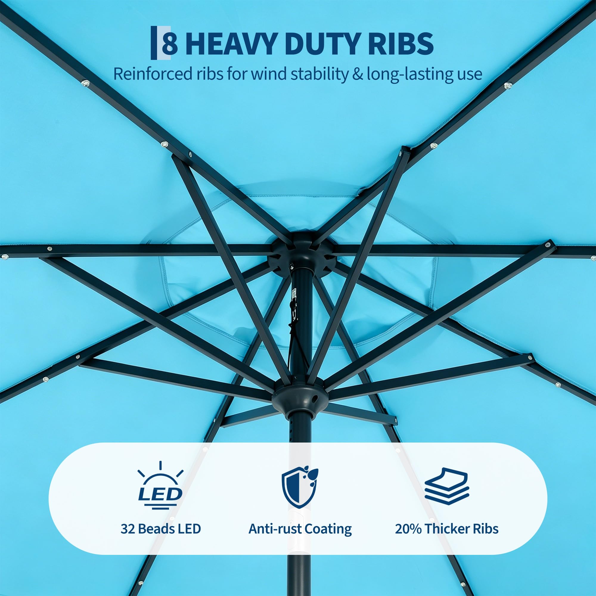 Garvee 10 FT Solar LED Patio Umbrella, 32 Lights, 8-Rib Iron Frame, Crank & Push-Button Tilt Market Umbrella for Table, Pool and Deck, Turquoise
