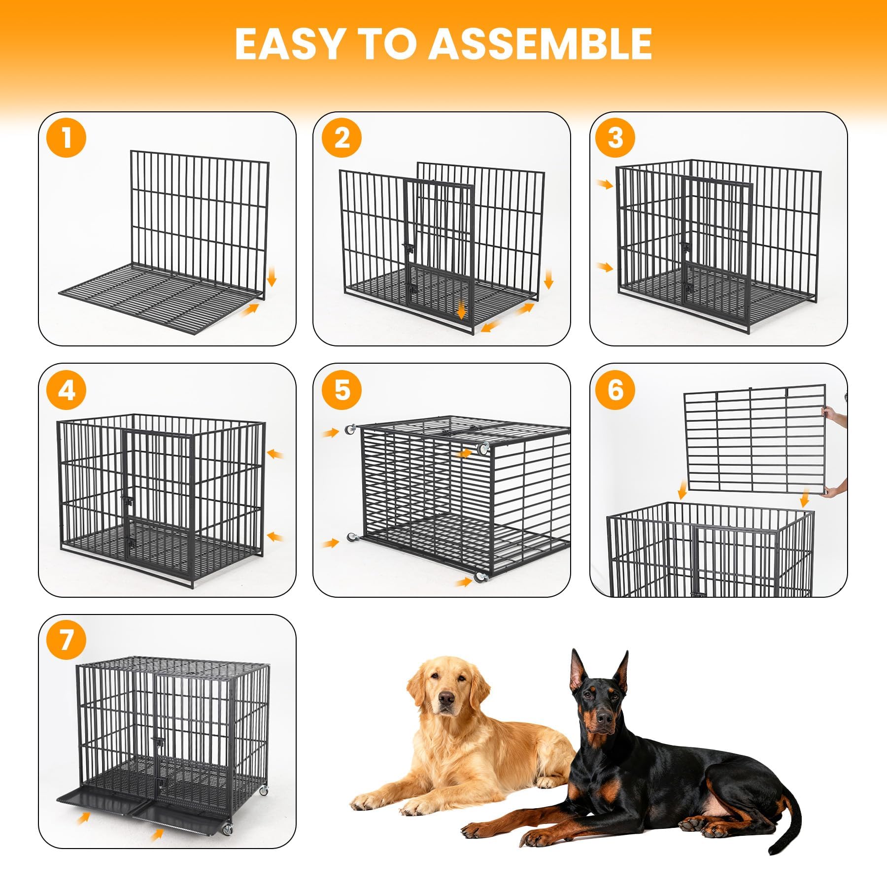 Garvee 54 Inch Heavy Duty Dog Crate, Metal Escape Proof Dog Kennel Indoor with 3 Doors, Removable Tray, Extra Large Dog Cage with Wheels for Large and Medium Dogs, Black