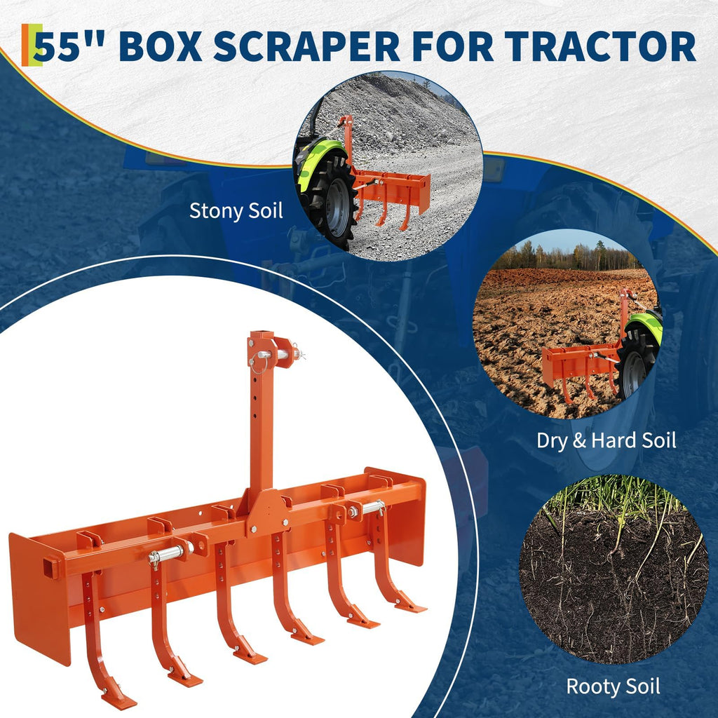 Garvee 55" Heavy Duty Box Blade for Tractor - 6 Adjustable Scarifier Shanks, 3-Point Hitch, Reinforced Carbon Steel, CAT-0 & 1 Compatible, Land Leveling