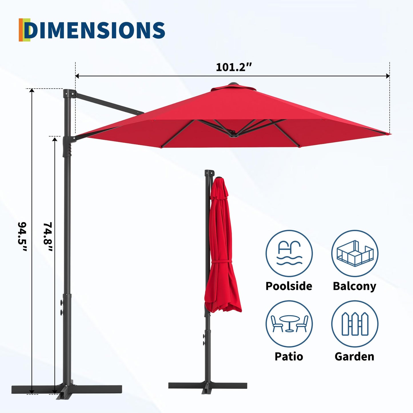 Garvee 9' Cantilever Patio Umbrella, 101.2" W × 94.5" H Offset Parasol with Vented Polyester Canopy for Patio, Red