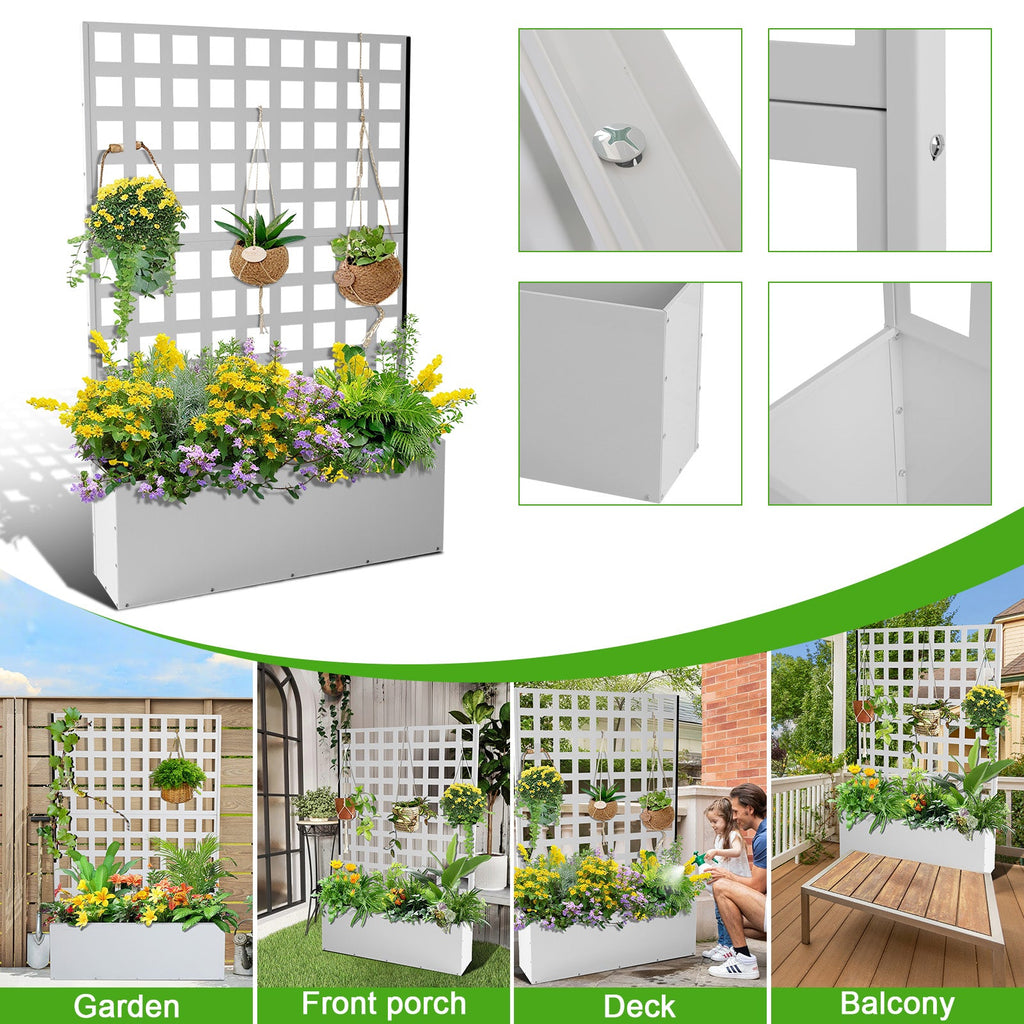 Garvee 71" x 47" x 12" Metal Planter Box with Trellis, Raised Garden Bed with Privacy Screen, Drainage Holes for Climbing Plants, Flowers & Vegetables, White