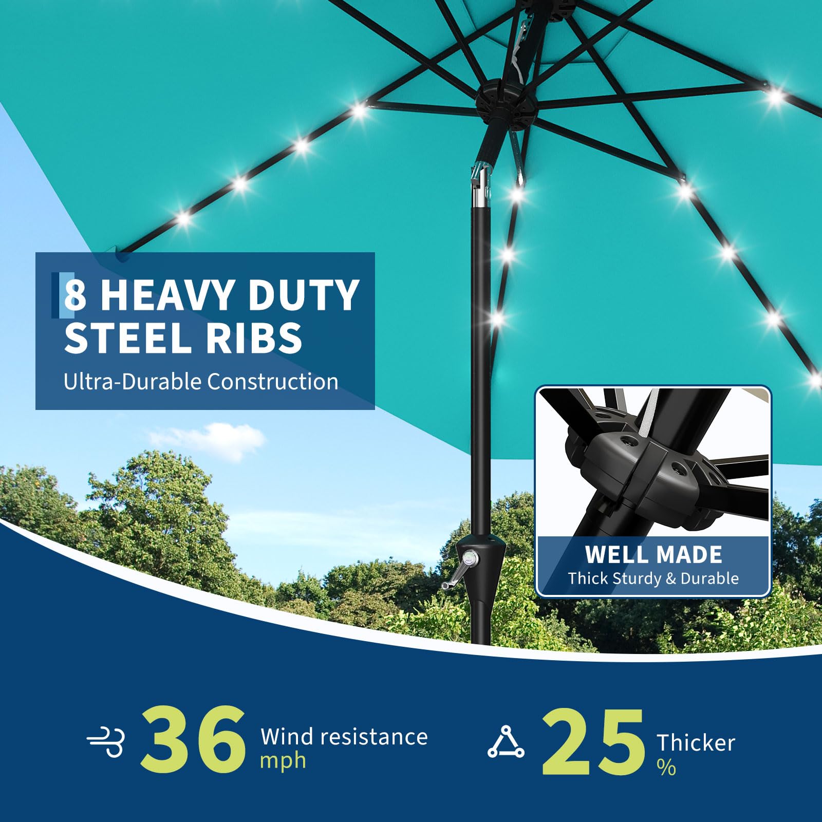 Garvee 10 ft Solar Patio Umbrella with 32 LED Lights, Outdoor Market Umbrella with Crank Lift & Tilt, UV-Resistant Canopy for Pool, Garden & Backyard, Sky Blue