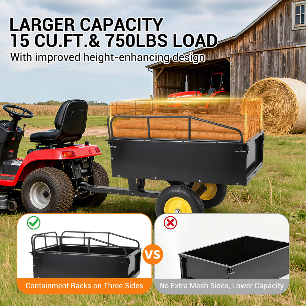 Garvee ATV UTV Dump Trailer, 750 lbs Load Capacity and 15 Cu. FT Bed with Reinforced Side Panels and Dumping Function for Farm, Garden and Off-Road Hauling