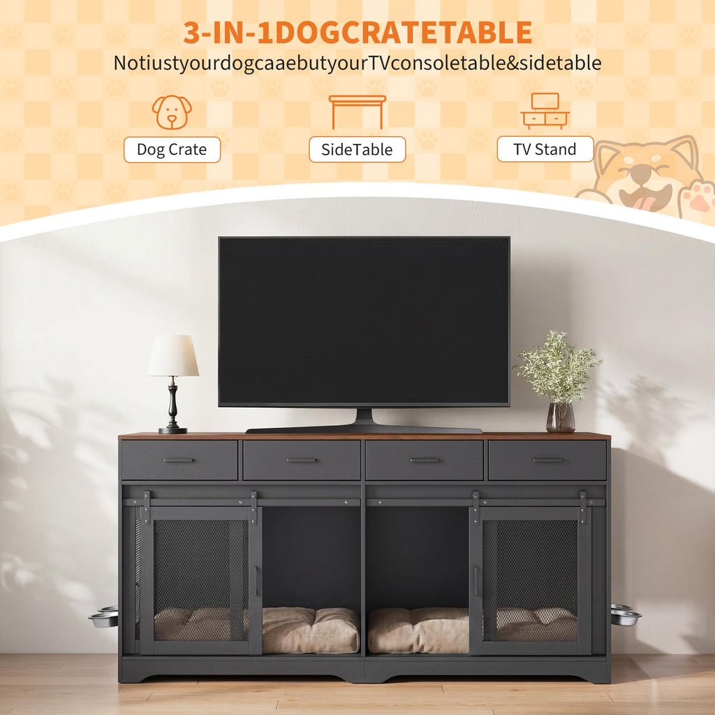 Garvee Multi-Functional Dog Crate Furniture for Medium/Large Dogs – 71'' Indoor Kennel Cage with 4 Sliding Doors, 4 Drawers & Feeding Bowls – Furniture-Style, Walnut+Black – US Spec, Color: Walnut+Black