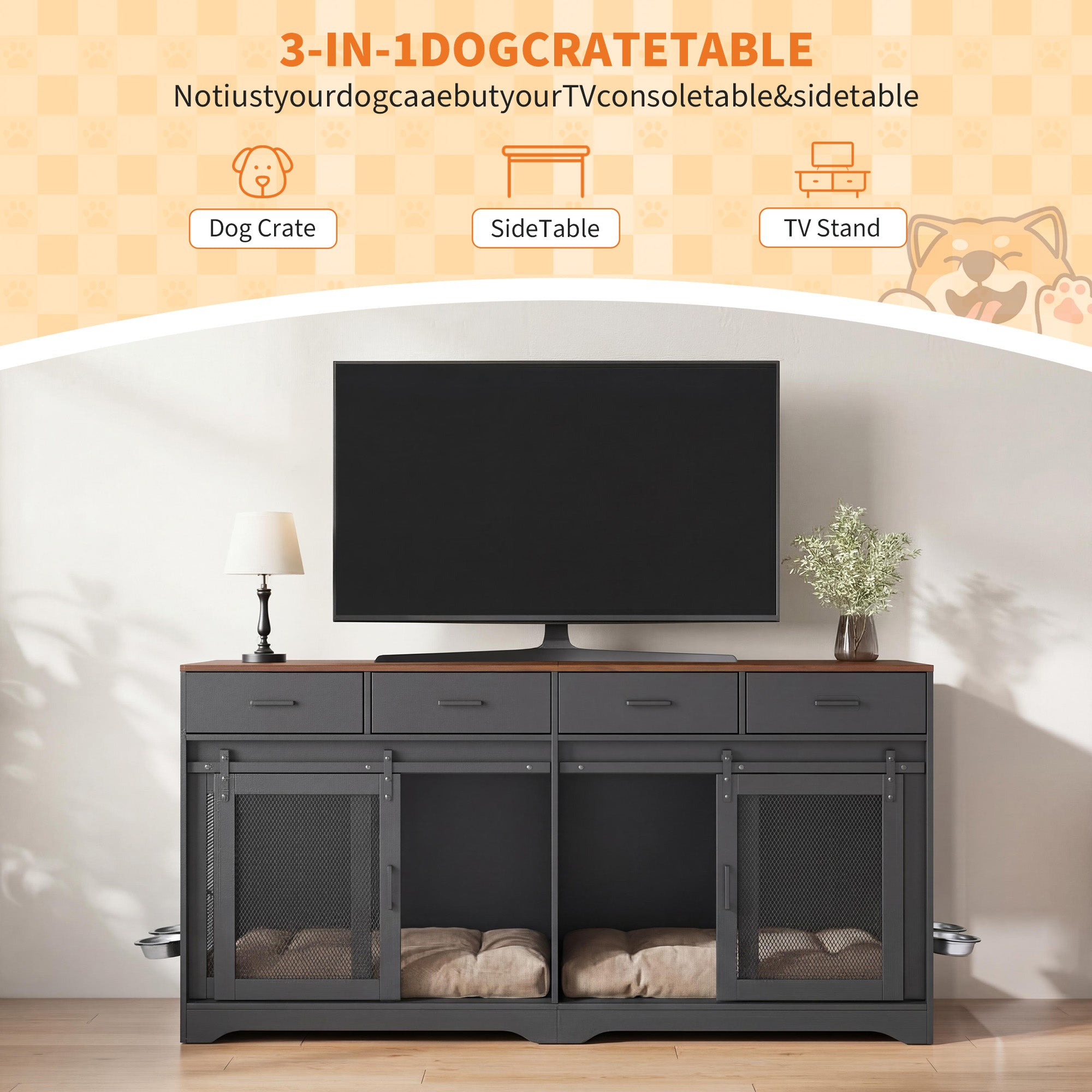 Garvee Multi-Functional Dog Crate Furniture for Medium/Large Dogs – 71'' Indoor Kennel Cage with 4 Sliding Doors, 4 Drawers & Feeding Bowls – Furniture-Style, Walnut+Black – US Spec, Color: Walnut+Black