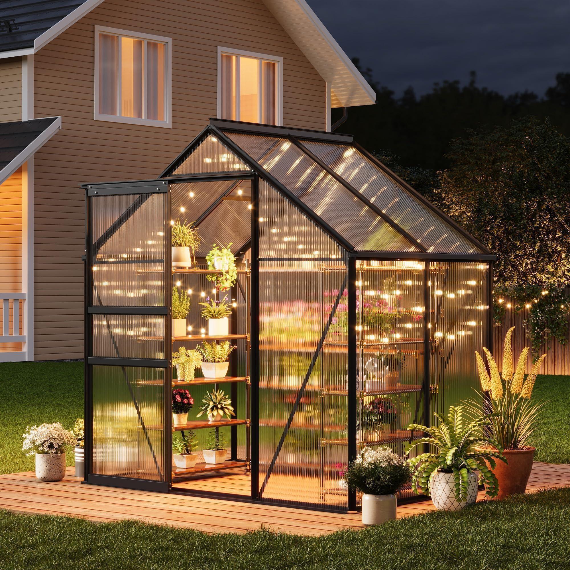 Garvee Heavy-Duty Polycarbonate Walk-in Greenhouse for Backyard, Patio, Garden – Aluminum Frame, Sliding Door, Roof Vent, Rain Gutter, High Light Transfer, All-Weather Protection – 6x4FT, Black Oxide