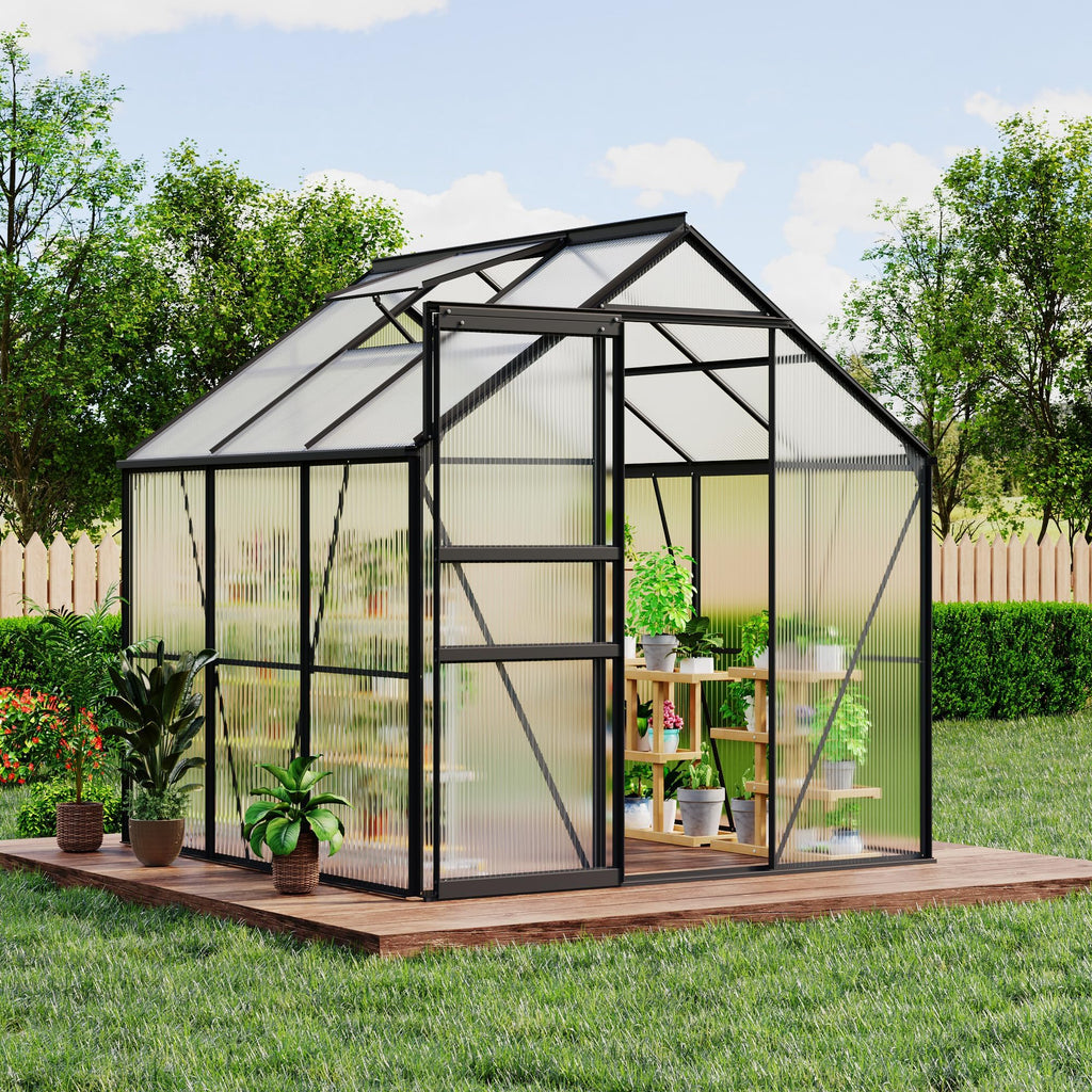 Garvee 6x6 FT Black Polycarbonate Greenhouse Kit – Walk-In Aluminum Frame, Lockable Door, Adjustable Roof Vent, Weather-Resistant, Easy Assembly, Gutter System for Outdoor Garden, Patio, Backyard