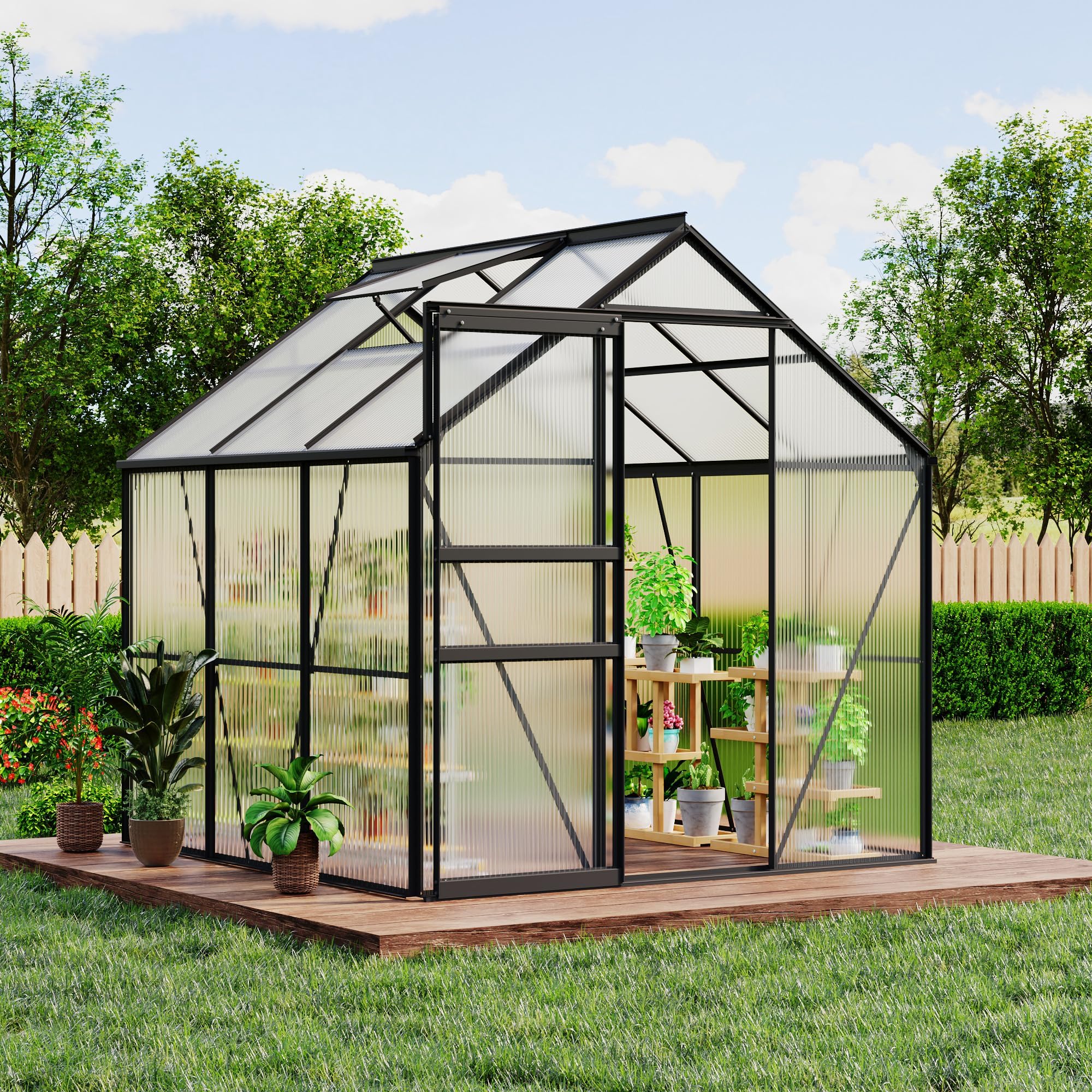 Garvee 6x6 FT Black Polycarbonate Greenhouse Kit – Walk-In Aluminum Frame, Lockable Door, Adjustable Roof Vent, Weather-Resistant, Easy Assembly, Gutter System for Outdoor Garden, Patio, Backyard