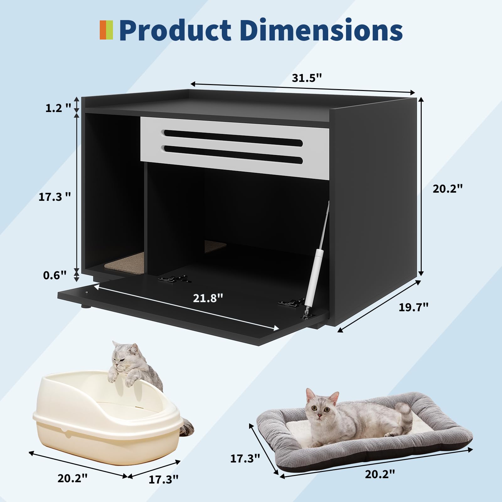 Garvee Dog-Proof & Ventilated Cat Litter Box Enclosure Furniture – Large Modern Hidden Cabinet with Turn-Down Door, Easy to Clean, Indoor Cat Privacy House – Black