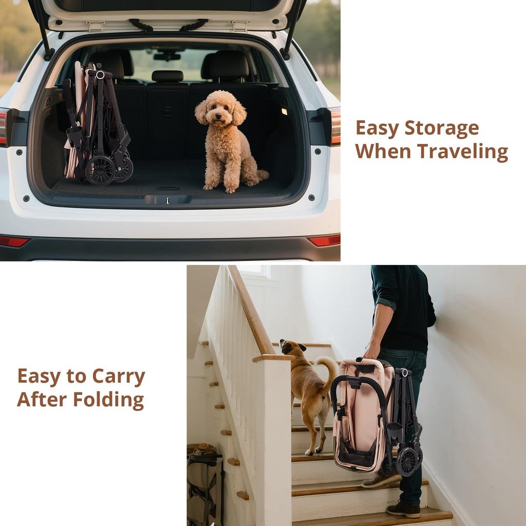 Garvee Foldable 4-Wheel Pet Stroller for Dogs & Cats -Dog Stroller, Lightweight Travel Carrier for Small to Medium Pets Up to 50 LBS, 360° Swivel Front Wheels, Foot Brake, Breathable Mes