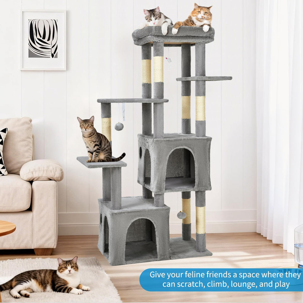 Garvee 61" Multi-Level Cat Tree for Indoor Cats, Heavy-Duty Tower for Large Adult & Maine Coon Cats with Oversized Perch, Dual Condos, Natural Sisal Scratching Posts & Play Toys – Light Gray