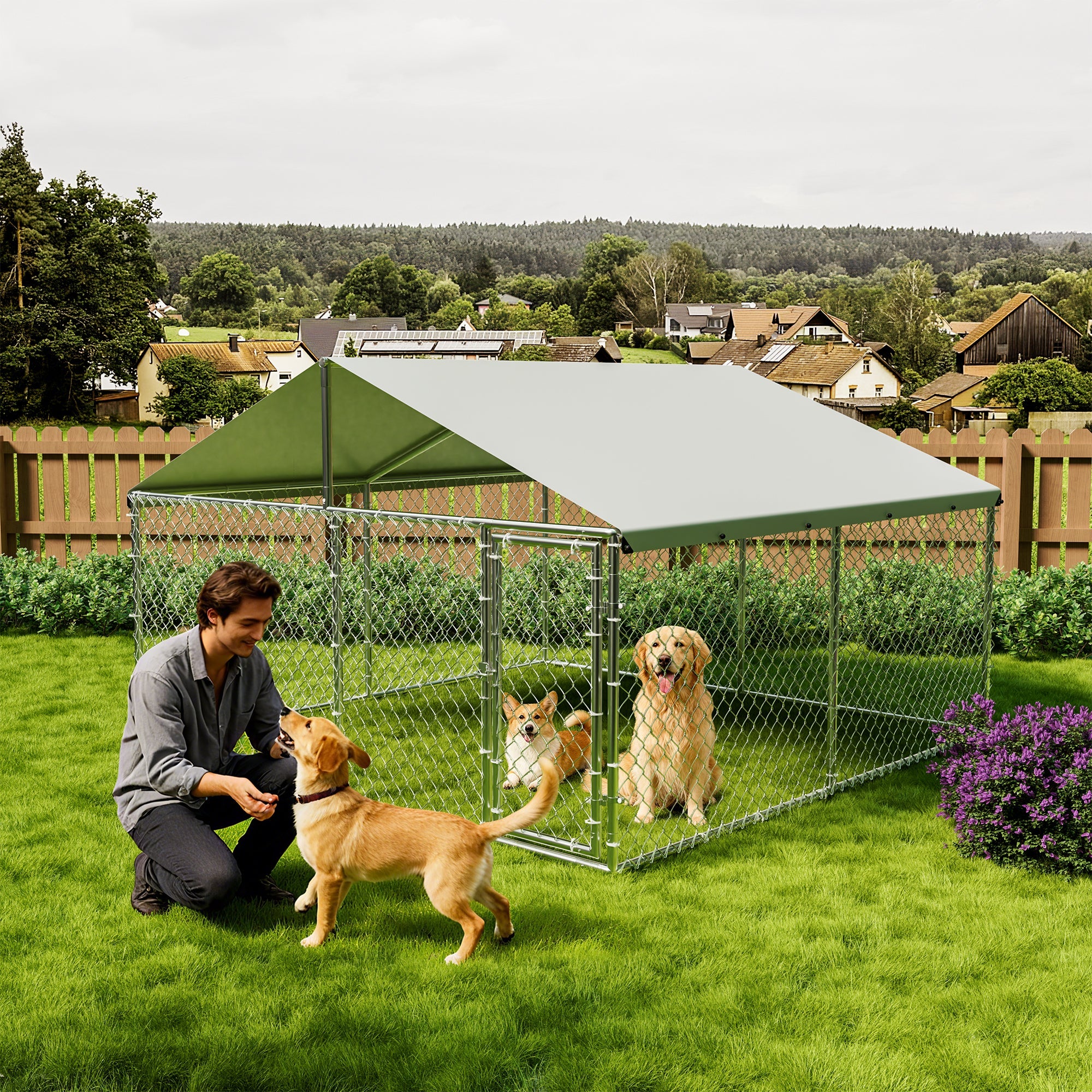 Garvee Large Outdoor Dog Kennel with Waterproof & UV-Resistant Cover, Galvanized Chain Link Dog Run, Heavy Duty Pet House Pet Playpen for Outside Backyard Farm Use, 10x10x6ft