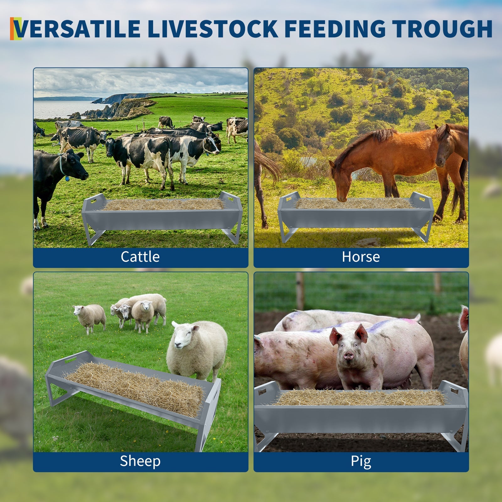 Garvee Livestock Feeder, 45.13" Hay Feeder for 10 Sheep Once, Heavy Duty 22 Gallon Capacity Livestock Feeding Trough for Horse, Goat, Sheep, Cattle, Cow, Alpaca, Silver