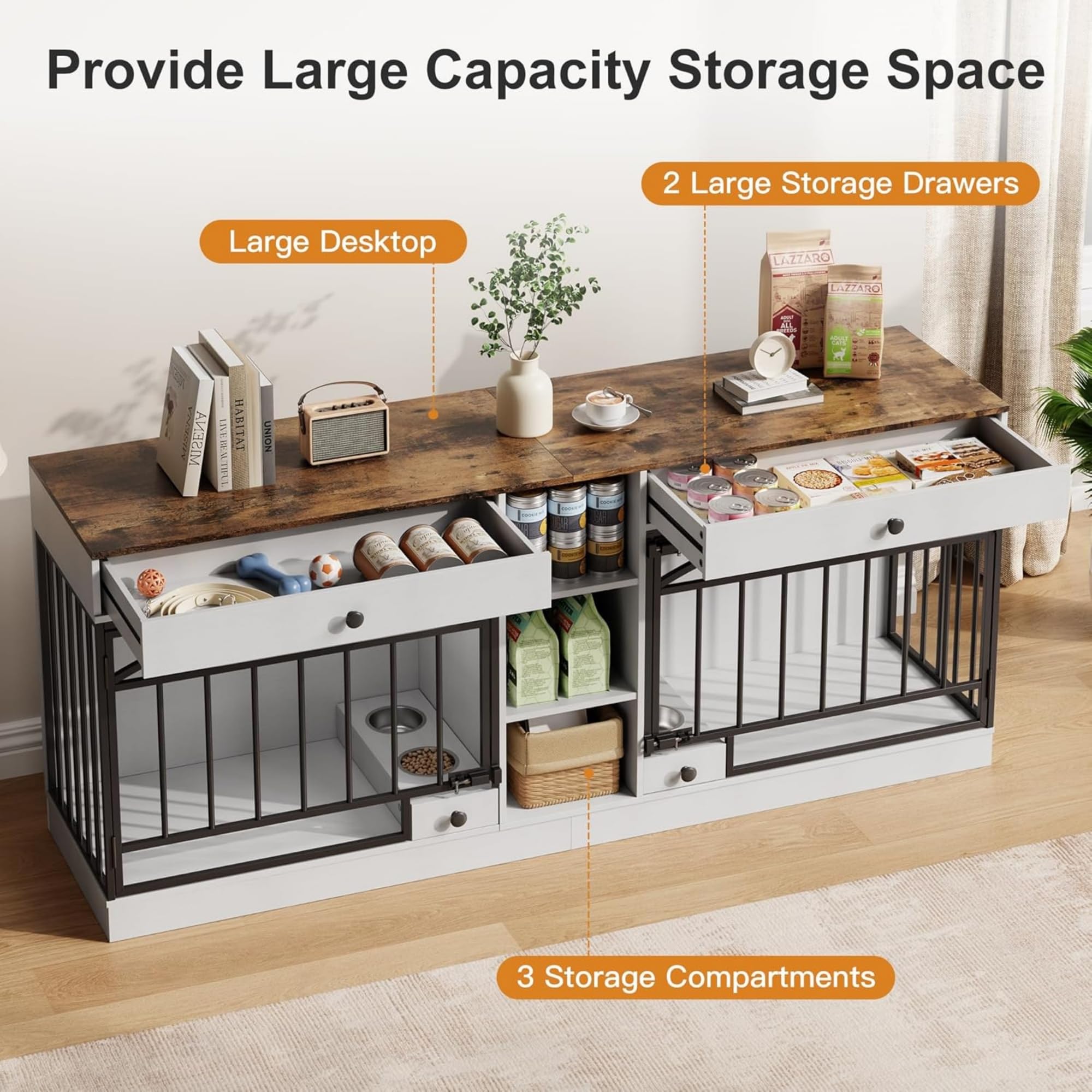 Garvee Dog Crate Furniture for 2 Dogs, 78.7" Large Dog Kennel Indoor with 2 Storage Drawers, 3 Shelves and Feeding Bowls, Double Dog Crate TV Stand for Small and Medium Dogs, White&Brown Top