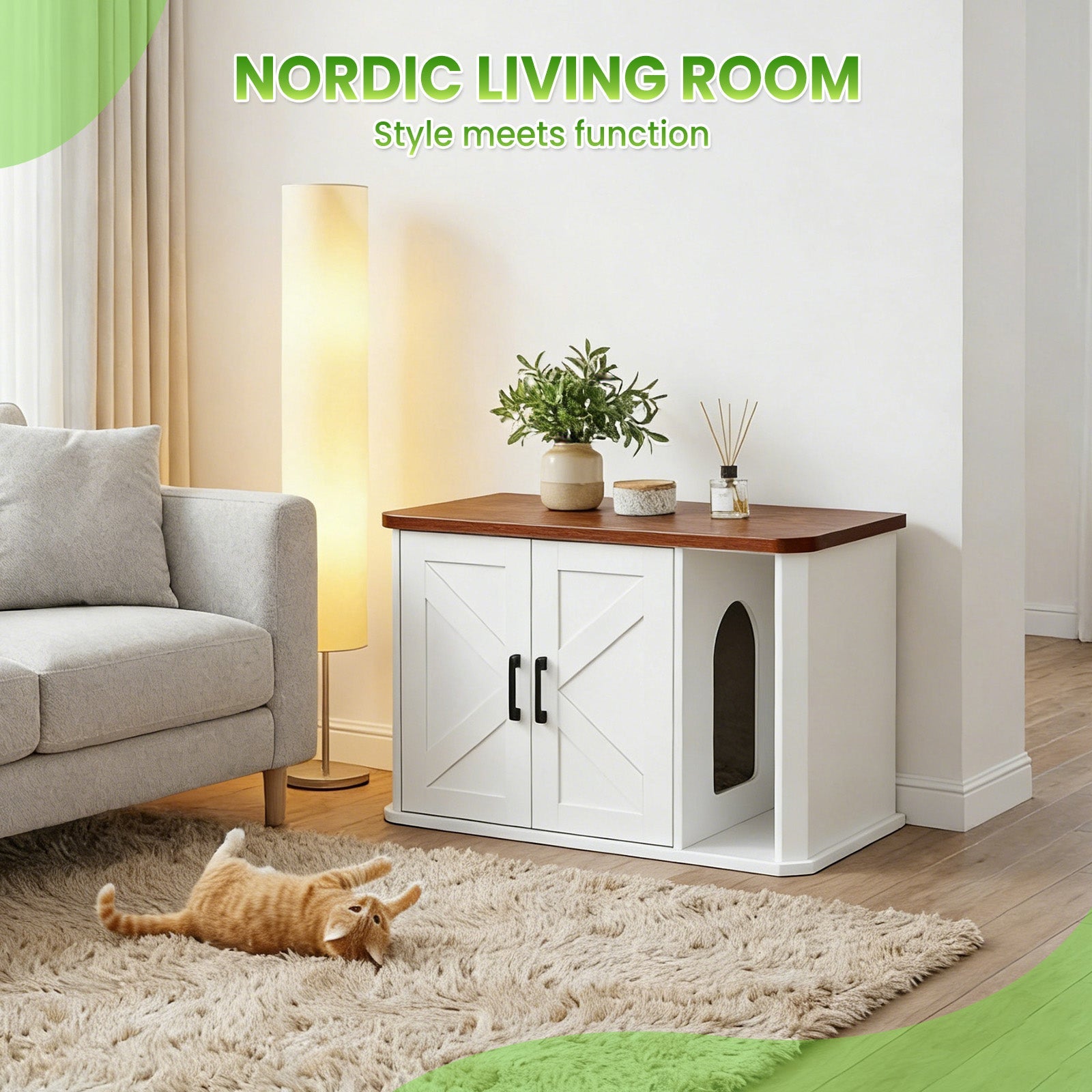 Garvee Modern Wooden Cat Litter Box Furniture – Double-Door Hidden Washroom Cabinet with Side Entry – Easy to Clean, Odor Control – Spacious Cat House End Table – Yunxi White Brown