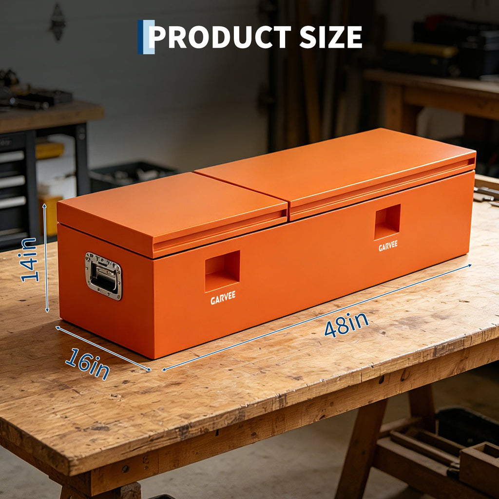 Garvee 48"X16"X14" Heavy Duty Steel Truck Bed Tool Box – Double Lid, Grooved Weatherproof Metal Chest with T-Handle & Side Handle, Durable Organizer for Pickup Truck, RV, Trailer, Front Double, Orange