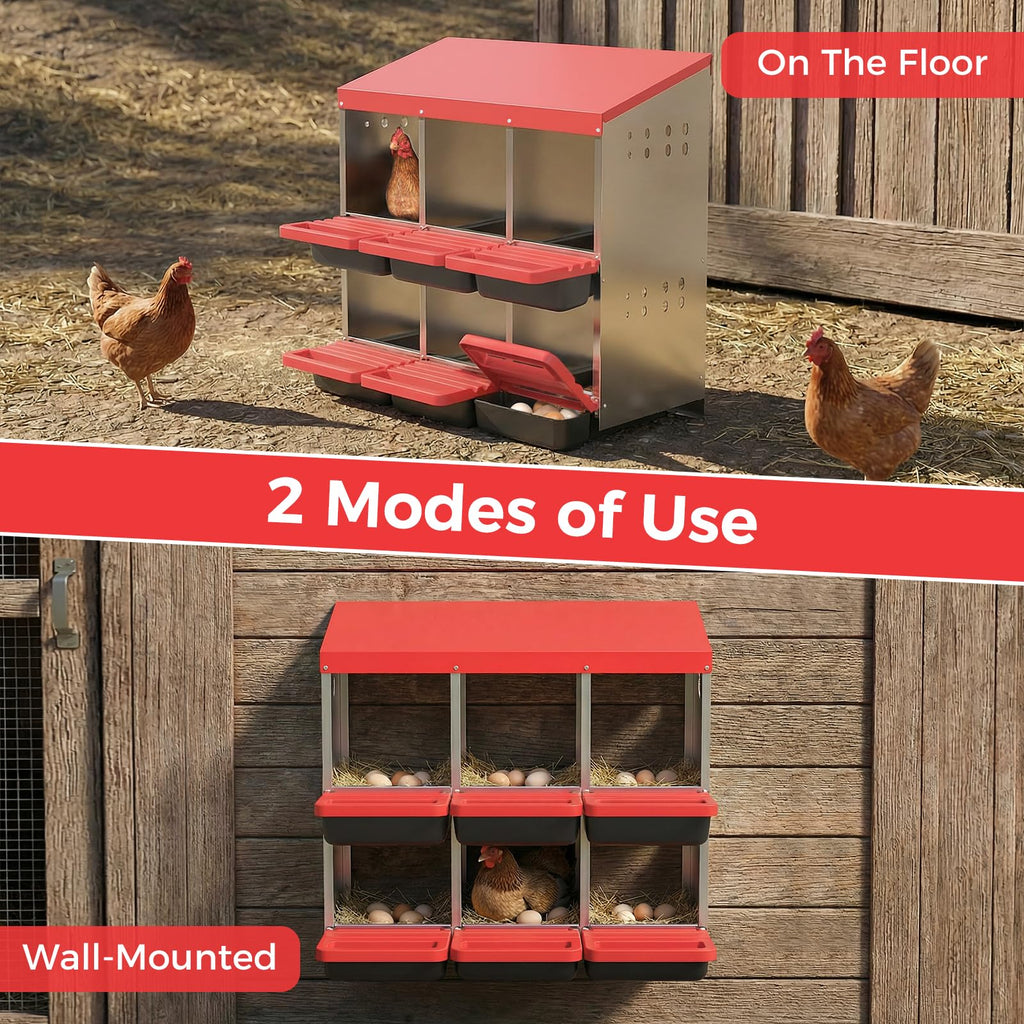 Garvee 6-Hole Metal Chicken Nesting Box, Roll Away Poultry Laying Box with Sloped Anti-Perch Roof, 31.9"x20.5"x31.1", Red