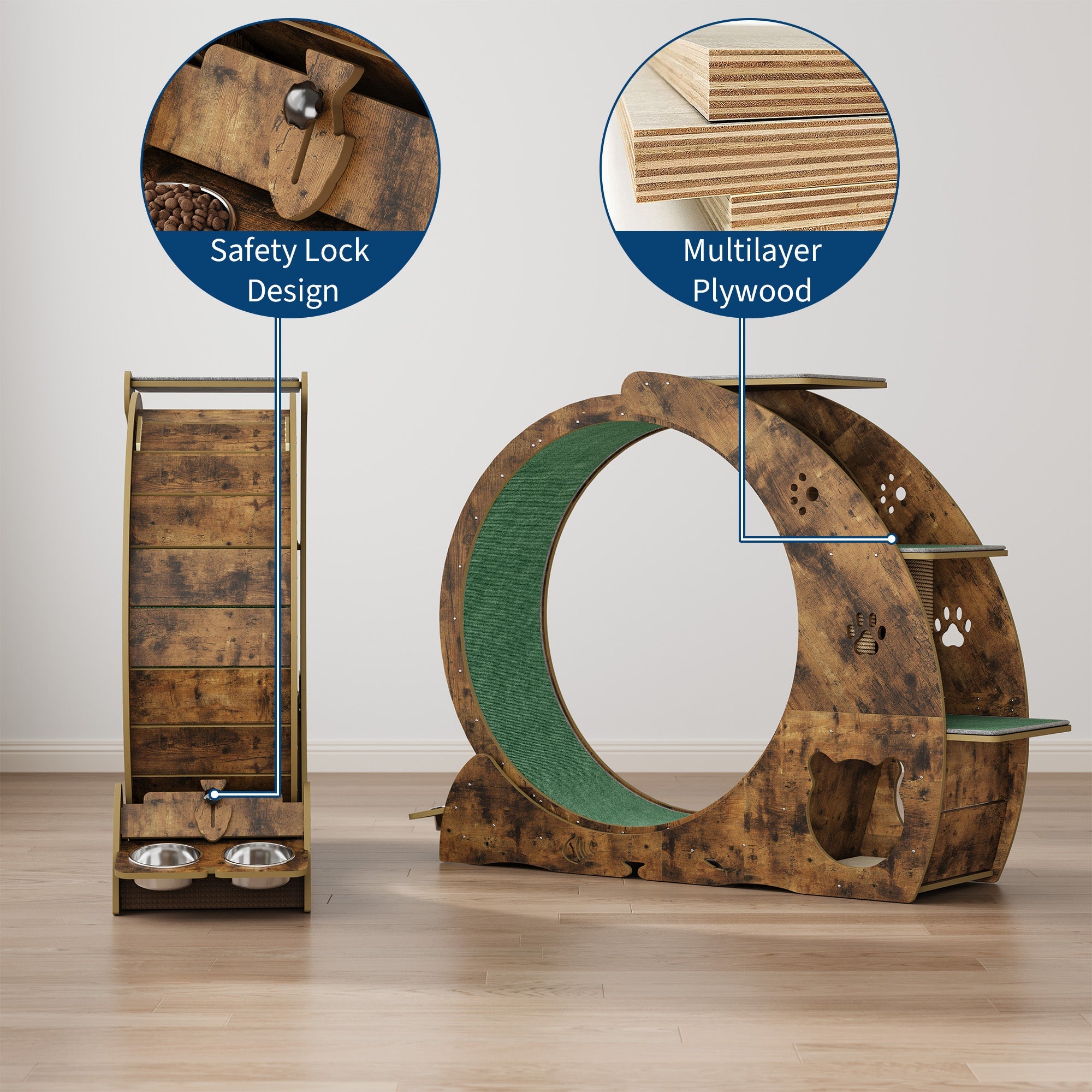 Garvee Large Cat Exercise Wheel for Indoor Cats - 3-Tier Climbing Tower with Built-in Graze Post & Carpeted Fashion Show - Quiet Spinner for Training & Obesity Prevention - Vintage Brown