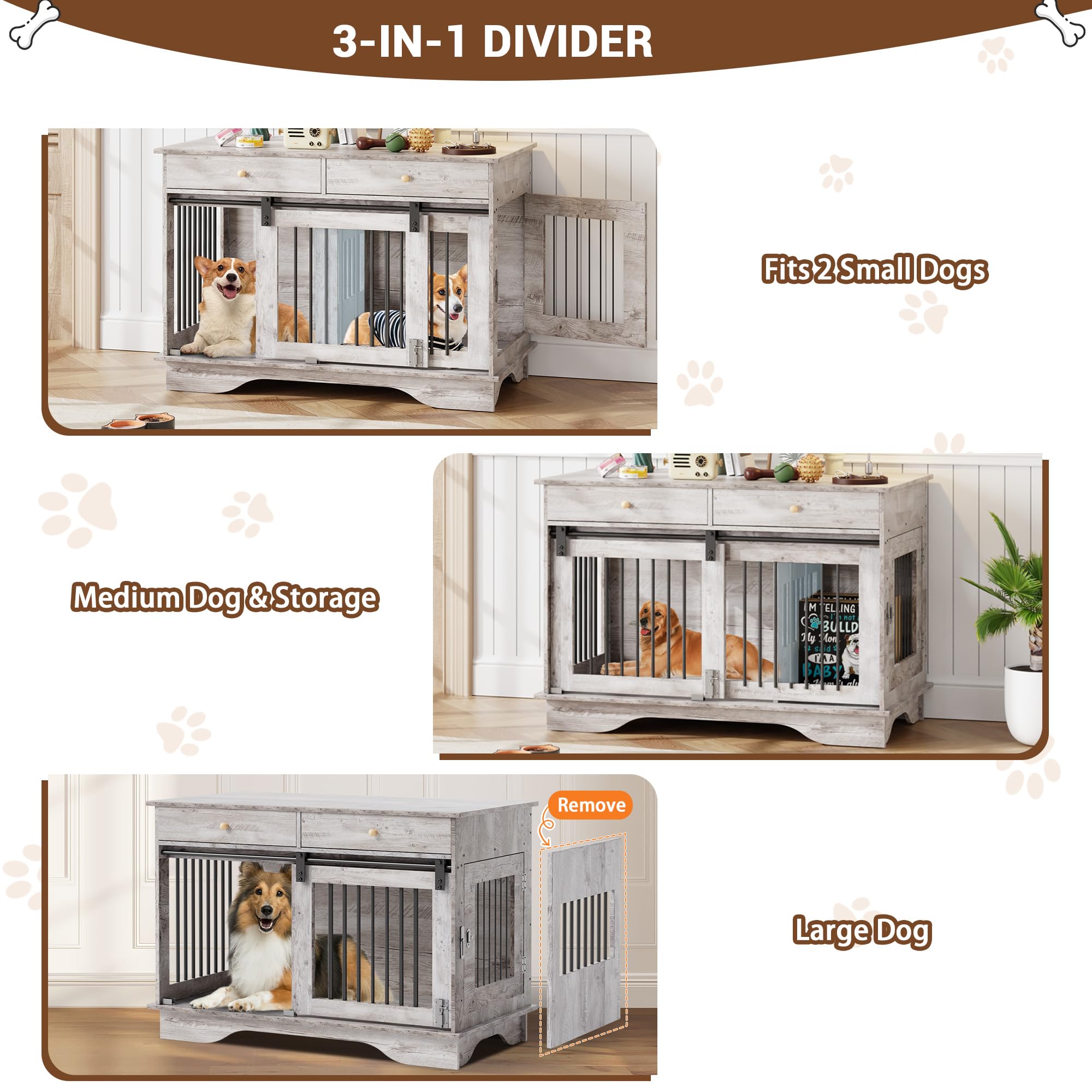 Garvee 2 Pack Spacious Double Dog Crate Furniture, 47" Large Dog Kennel, Removable Divider, 2 Storage Drawers, Chew-Resistant, Triple Door End Table for Small/Medium/Large Dogs, Gray