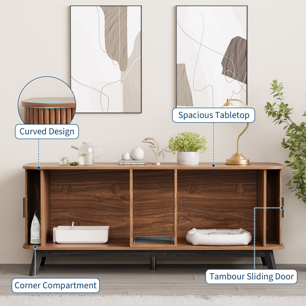 Garvee Multi-Functional Cat Litter Box Enclosure for 2 Cats, 59" Large Wooden Pet House - Hidden Litter Box Furniture - Sliding Door Access - Cat Litter Mat Included - TV Stand Side Table - Color: Walnut