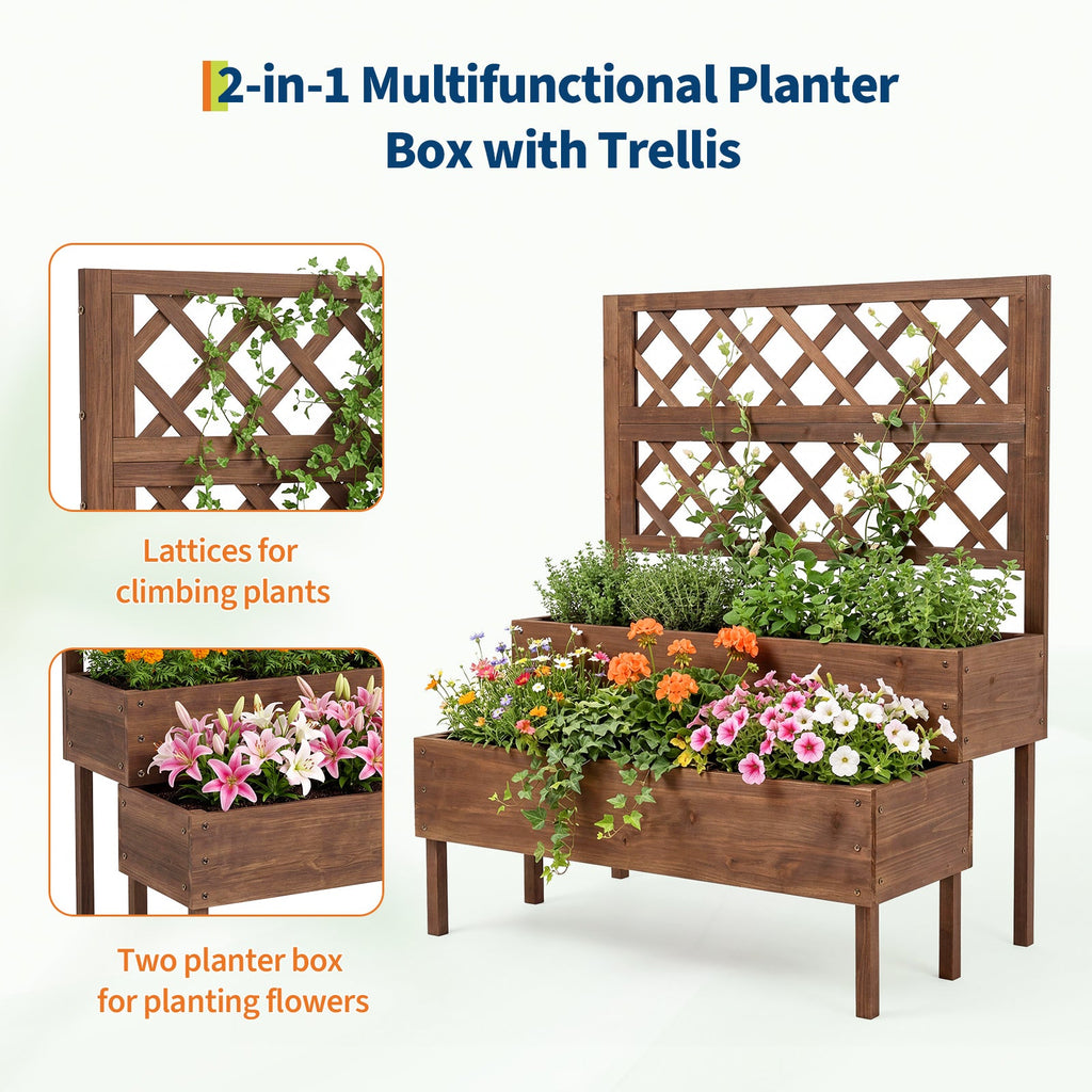 Garvee 2-Tier Wooden Raised Garden Bed with Trellis & Legs, 42" x 22" x 53" Elevated Planter Box with Drainage Holes for Climbing Plants, Vegetables, Herbs & Flowers, Brown