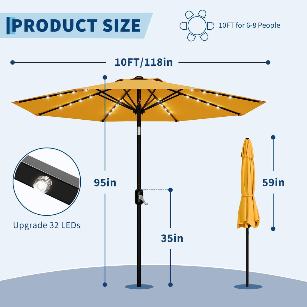 Garvee 10 FT Patio Umbrella with Solar Lights, Outdoor Table Umbrella with 8 Durable Ribs, Tilt & Crank Mechanism, Waterproof & UV Protection for Garden, Backyard, Poolside, Yellow